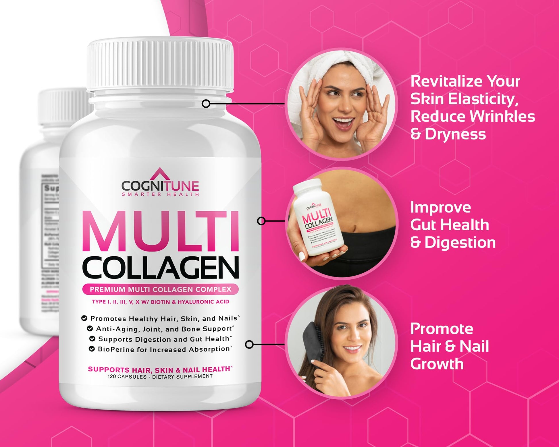 CogniTune Multi Collagen Peptides for Women with Biotin, Hyaluronic Acid, Vitamin C - 5 Types I II III V X Colageno Hidrolizado - 2000mg Hair Skin Nails Joints Support - 120 Capsules CogniTune uk supplements