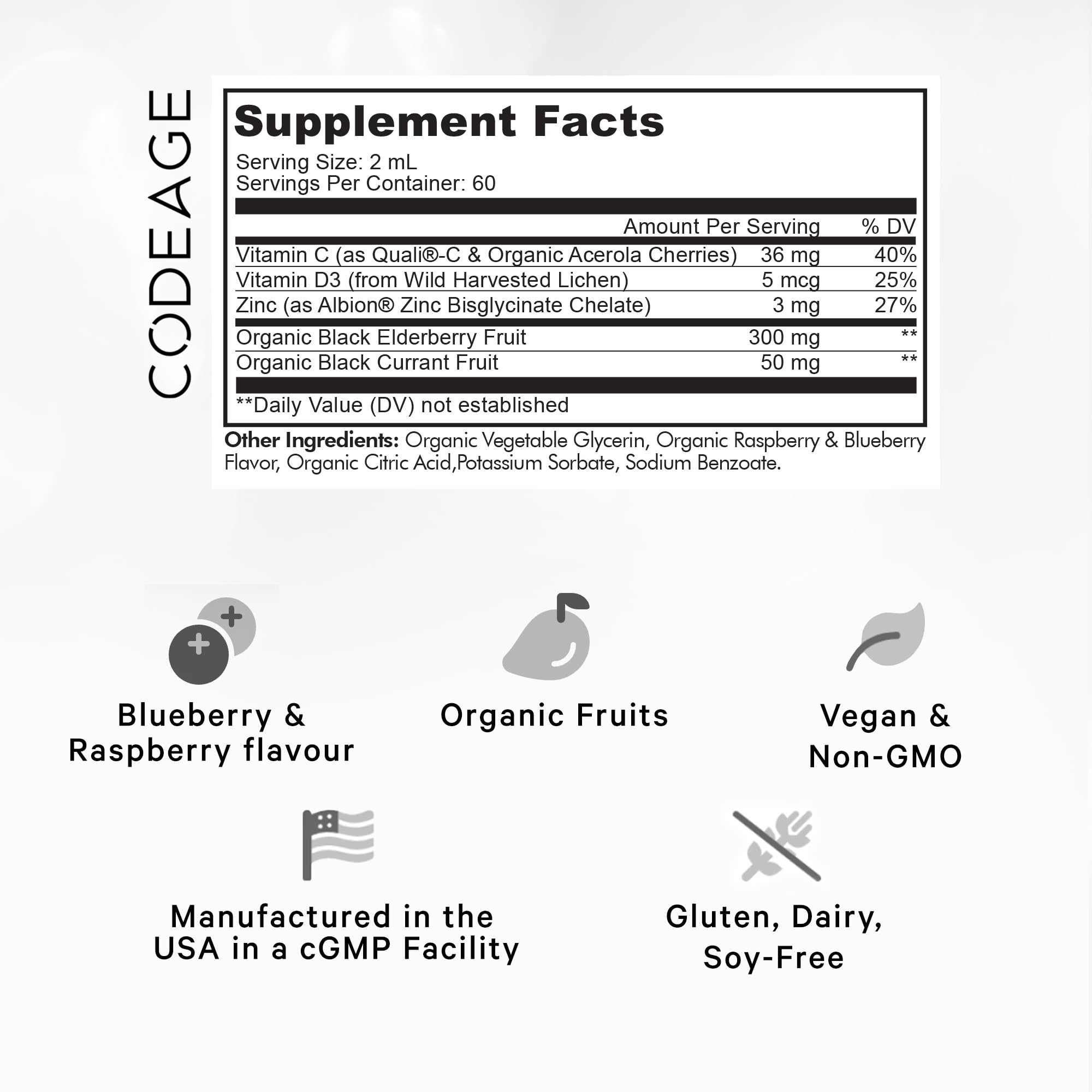 Codeage Elderberry Vitamins Pro - Organic Black Elderberry Liquid Drops - Vitamin C, D3, Zinc, Black Currant - 2-Month Supply - Black Sambucus Liquid - Supplement for Adults & Kids - 4 fl oz Codeage uk supplements