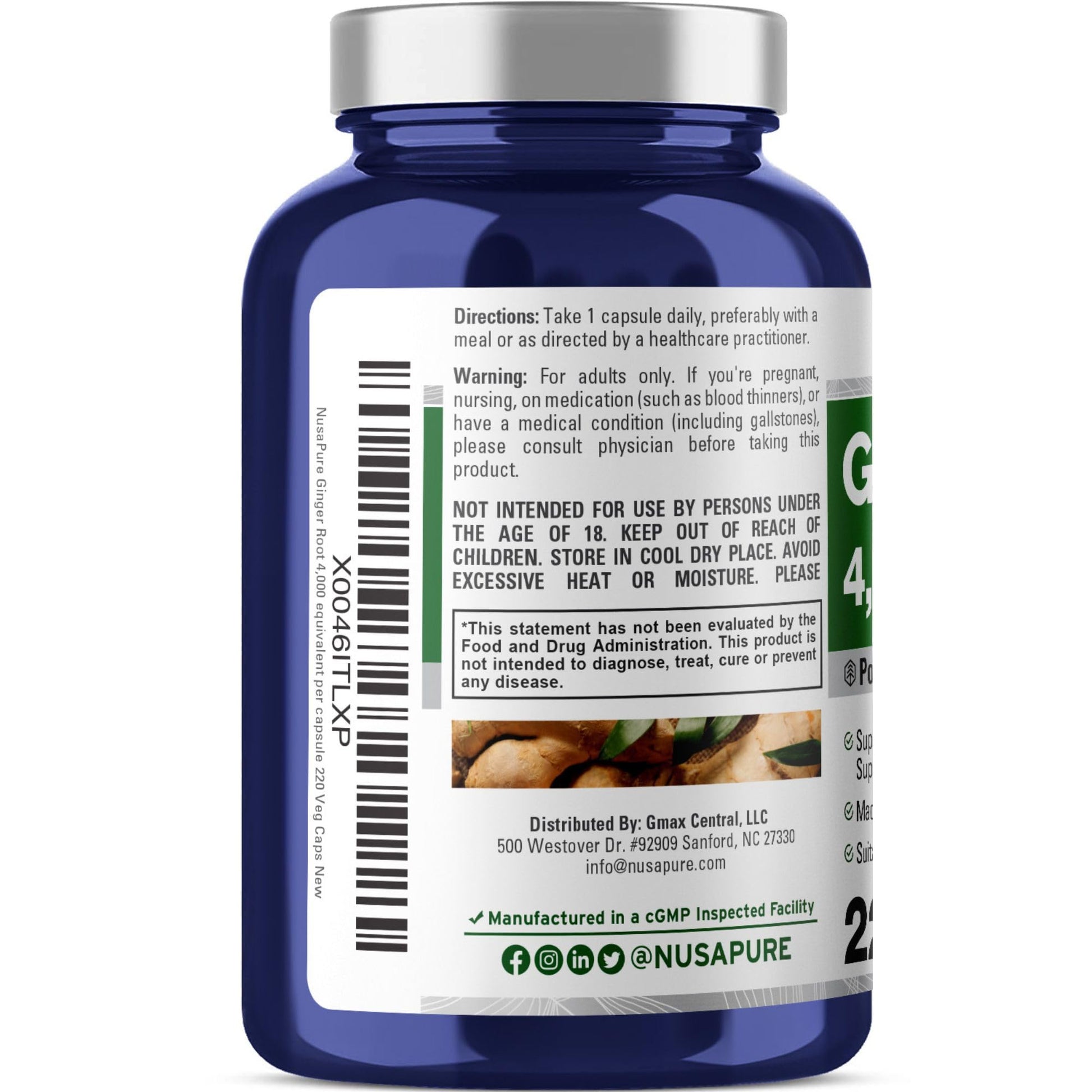 NusaPure Ginger Root Capsules 20:1 Extract, 200 mg Equivalent to 4,000mg per Veggie Caps | 220 Count | Non-GMO & Vegan NusaPure uk supplements