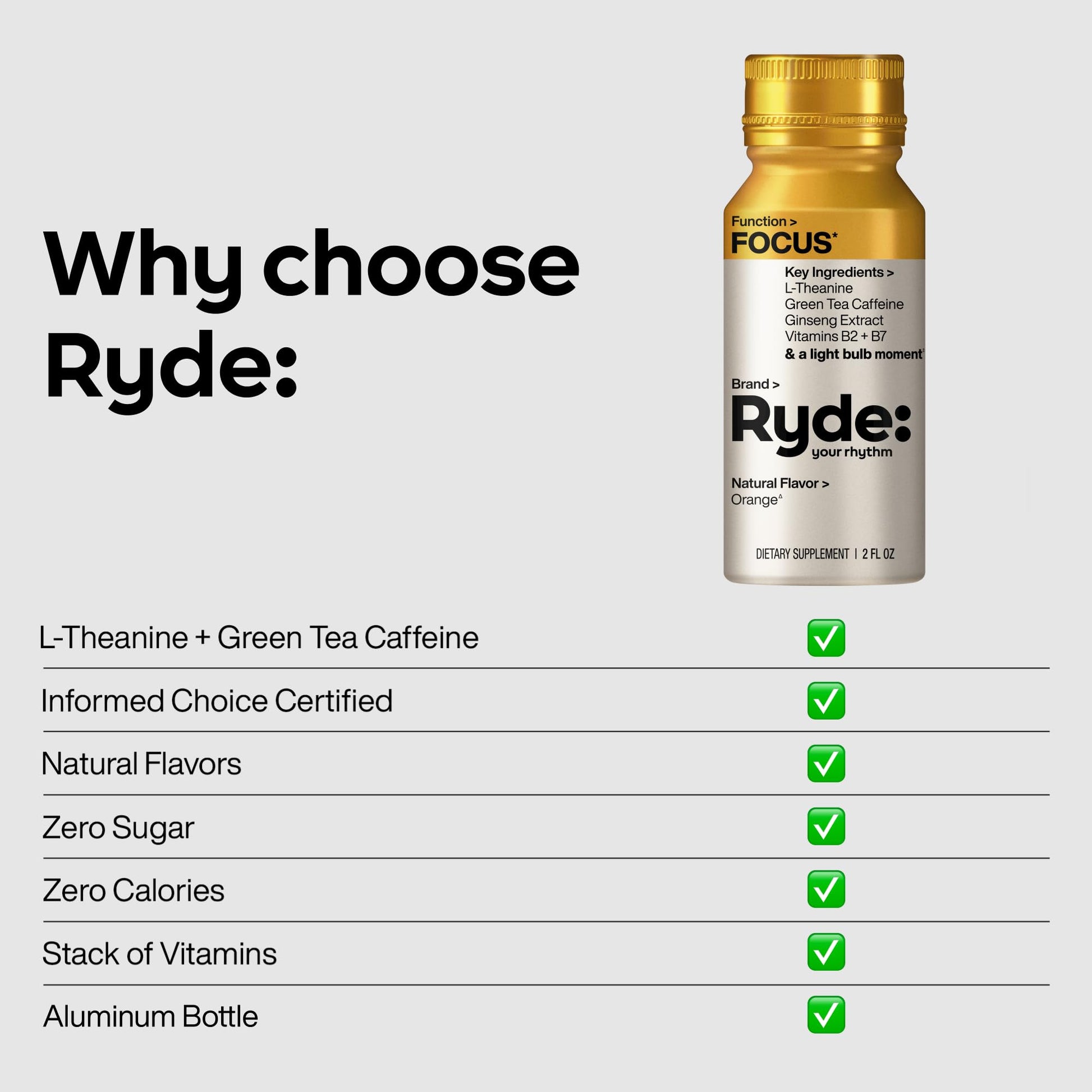 Ryde: Focus Shot | Orange Flavor | L-Theanine & Ginseng | Green Tea Caffeine | Vitamins B2 & B7 | 0 Calories, 0 Sugar | 2 FL OZ Shots | Supports Focus* (8 Pack) RYDE uk supplements