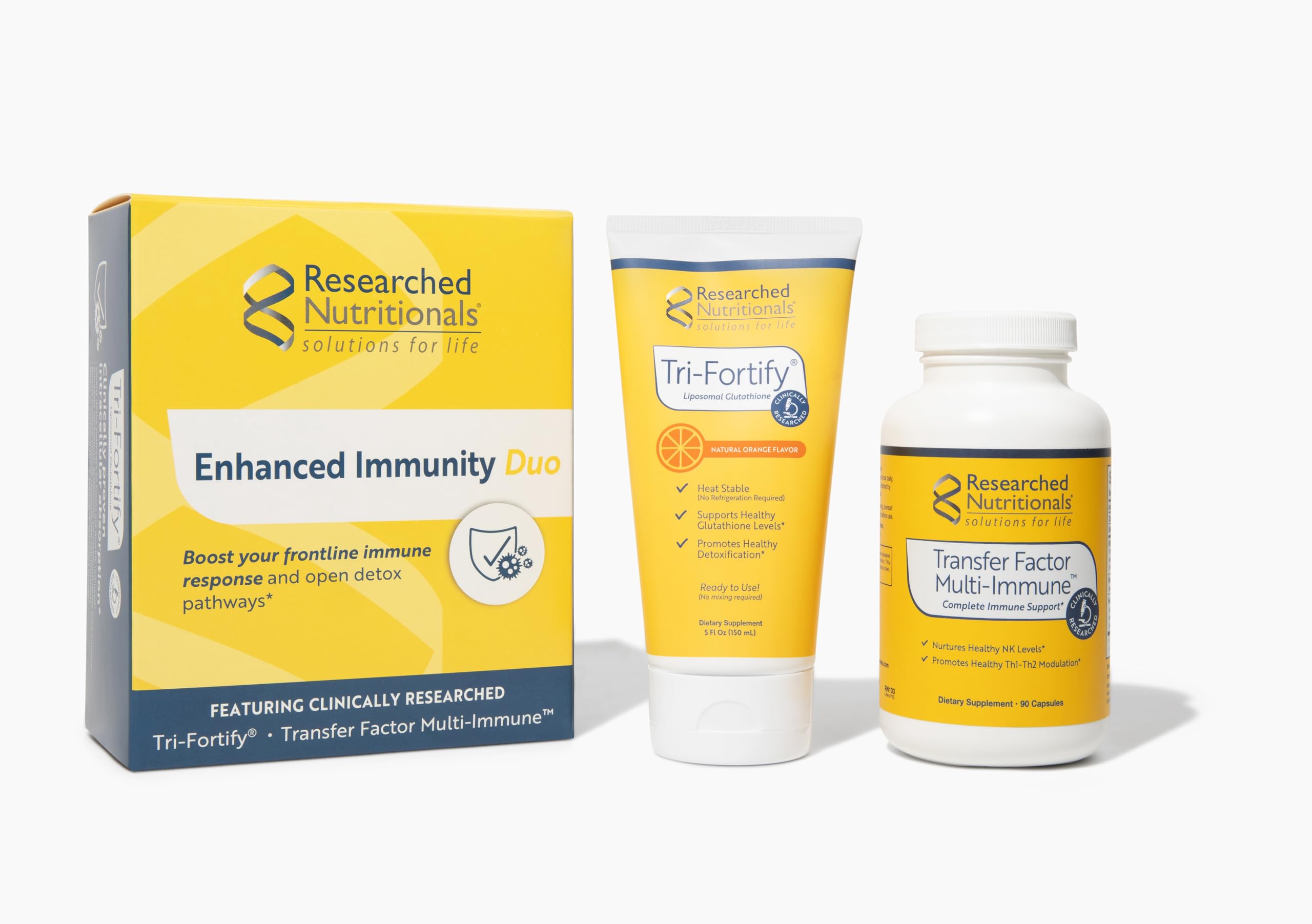 Researched Nutritionals Liposomal Glutathione (450mg) + Colostrum & Mushrooms Supplement for Immune Support - Enhanced Immunity Duo - Tri-Fortify Orange + Transfer Factor Multi-Immune (2 Piece Set) Researched Nutritionals uk supplements
