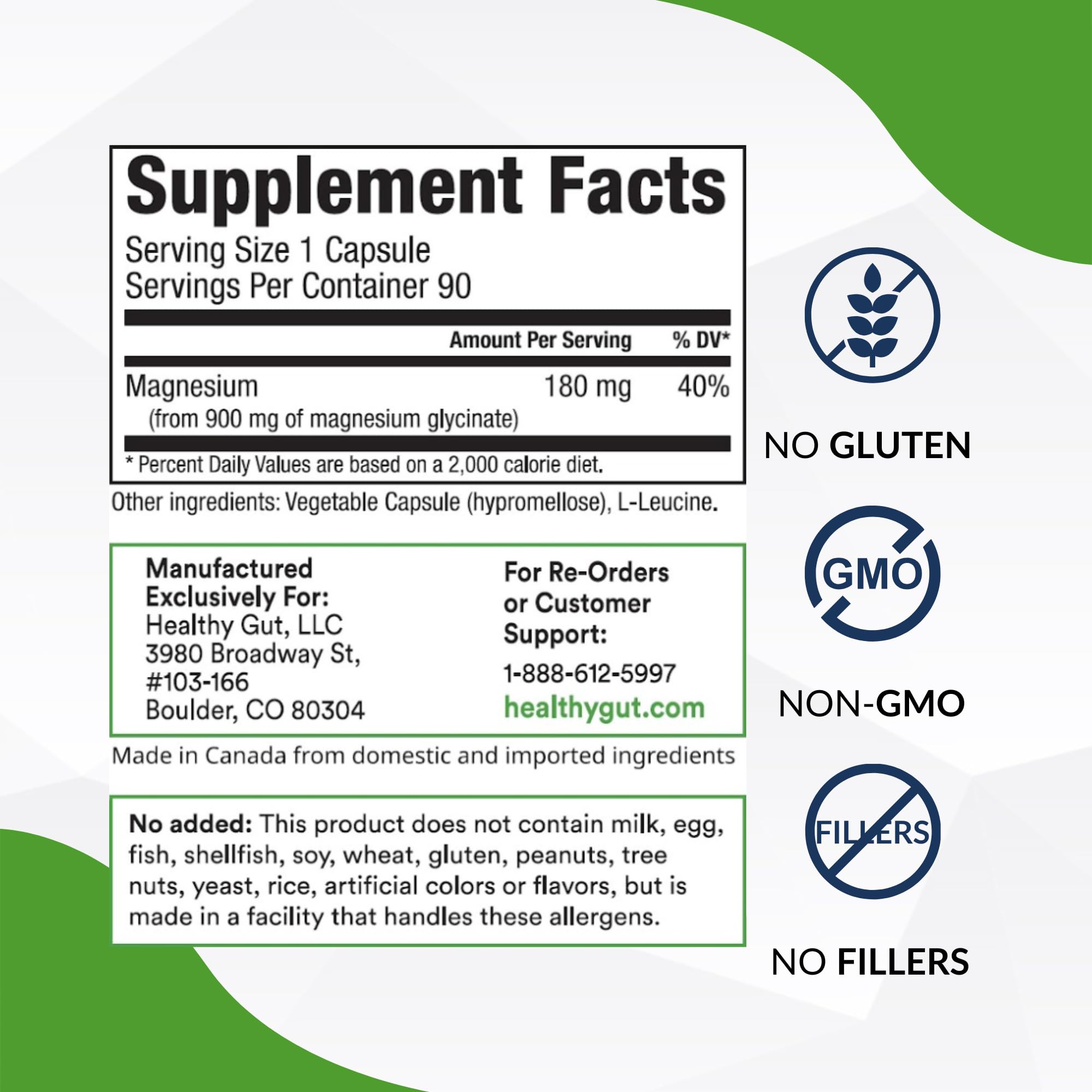 Healthy Gut Magnesium-HP | Ultra Pure Magnesium Glycinate Capsules with Zero Fillers | 180 mg Magnesium Glycinate | 90 Servings Healthy Gut uk supplements