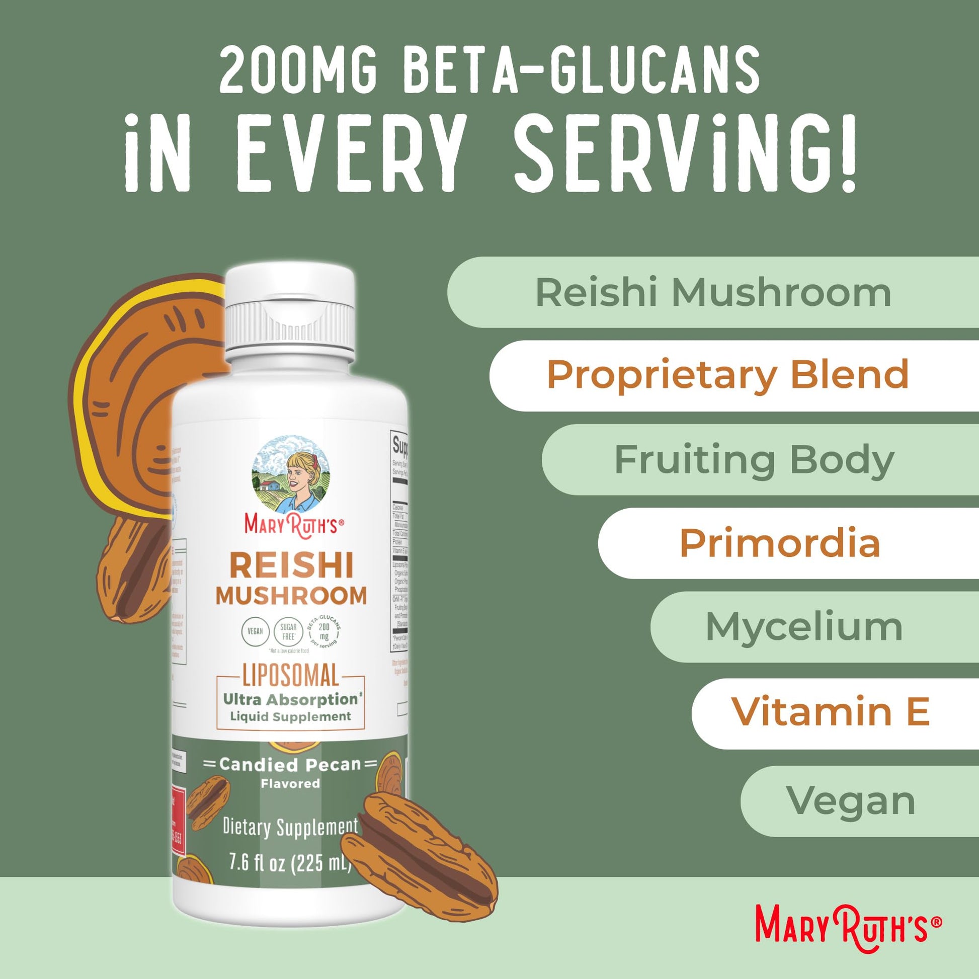 MaryRuth Organics Reishi Vegan Mushroom Supplement | Ultra Absorption Liposomal | Immune Support with 200mg Beta-Glucans, Vegan |Full Spectrum Reishi Mushrooms Fruiting Body | 7.6 oz, MARYRUTH'S uk supplements