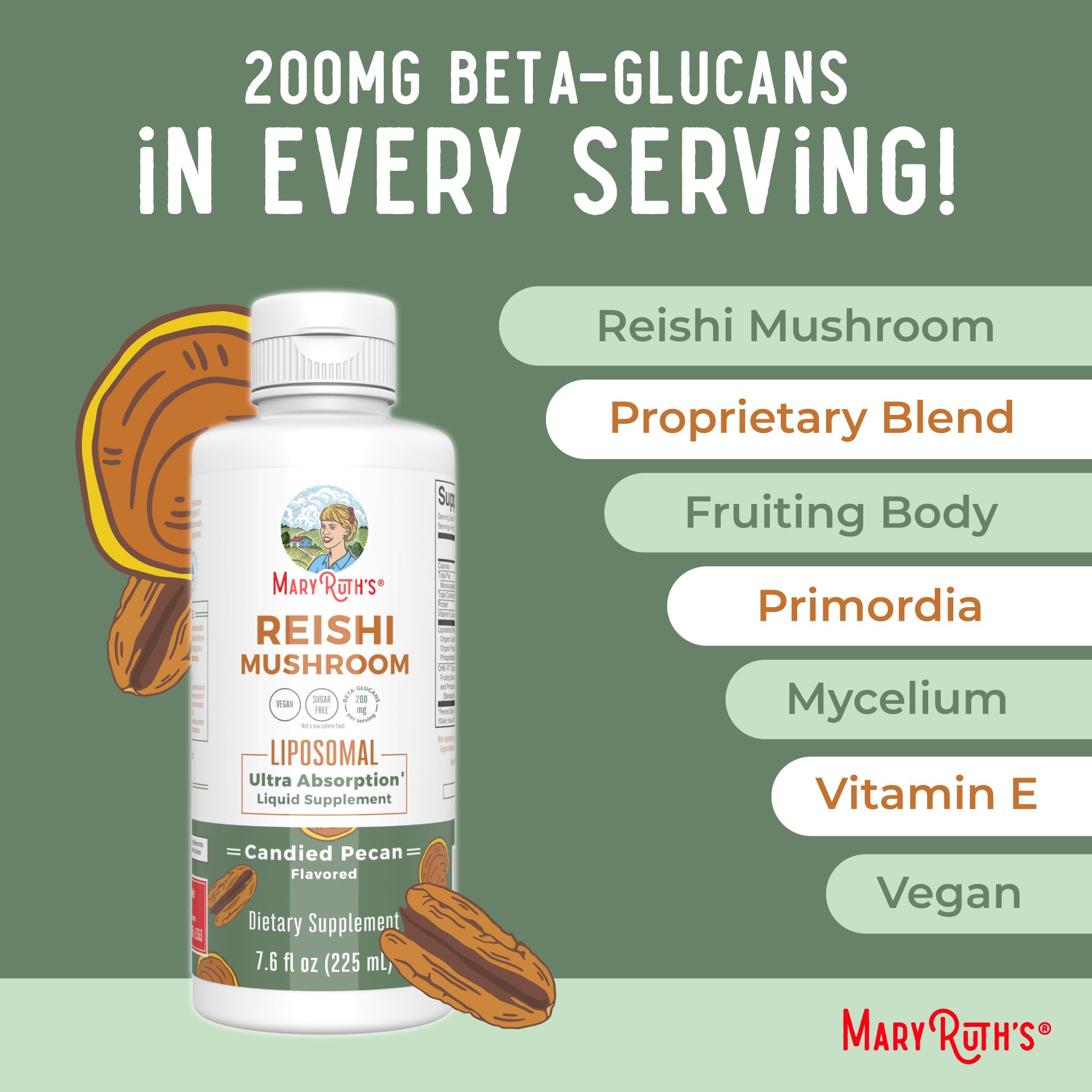 MaryRuth Organics Reishi Vegan Mushroom Supplement | Ultra Absorption Liposomal | Immune Support with 200mg Beta-Glucans, Vegan |Full Spectrum Reishi Mushrooms Fruiting Body | 7.6 oz, MARYRUTH'S uk supplements