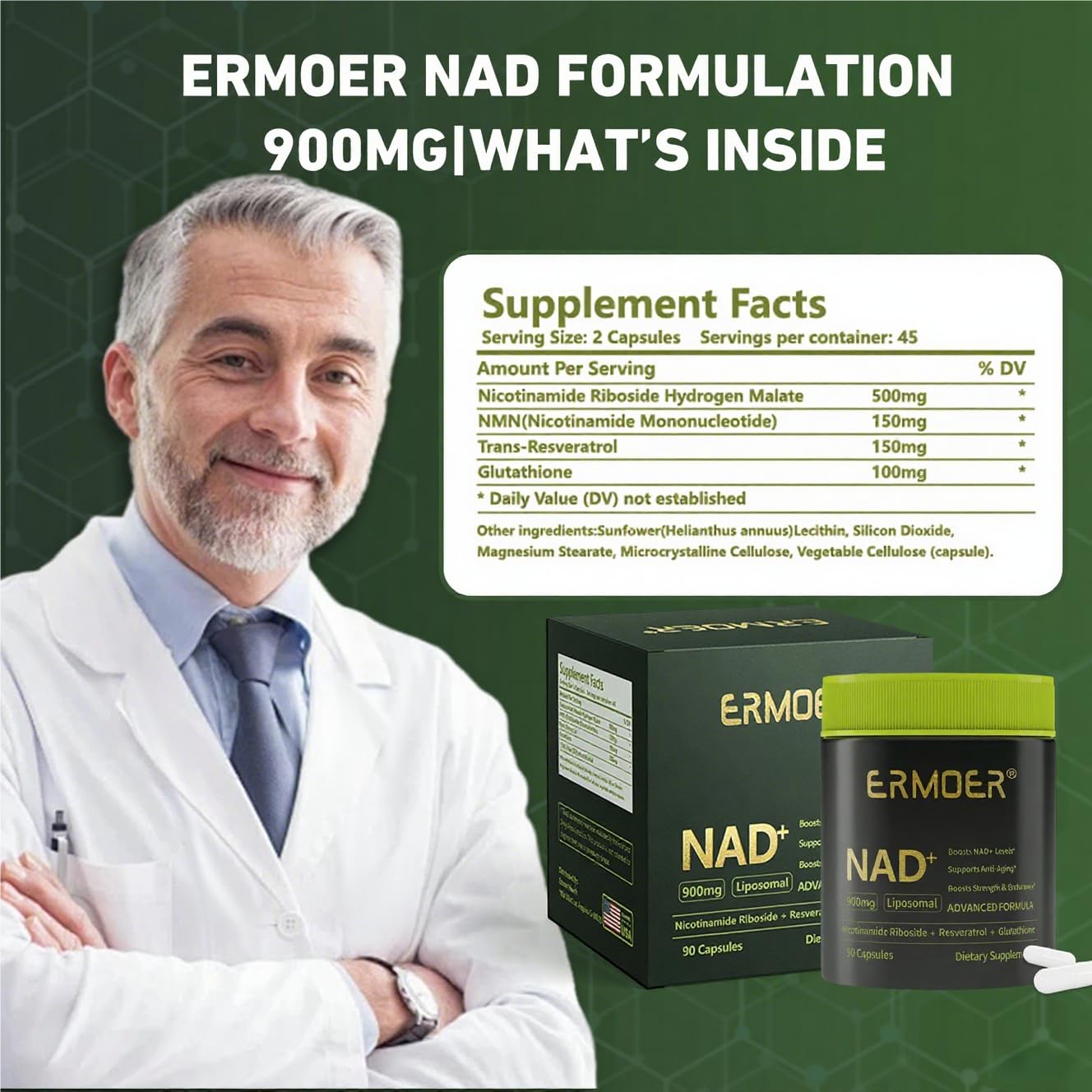 ERMOER NAD Liposomal Nicotinamide Riboside with Resveratrol & Quercetin 900mg, NAD Resveratrol Supplement for Anti Aging, Energy, Antioxidant, Focus (90 Count) ERMOER uk supplements