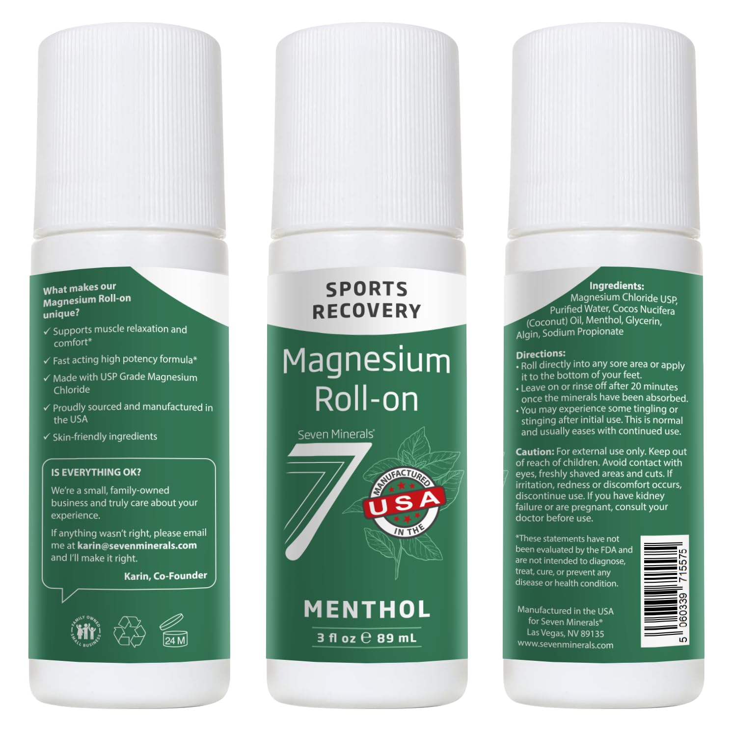 Seven Minerals Magnesium Roll On Stick with Menthol for Pain Relief - Cooling Magnesium Oil for Sports Recovery, Sore Muscles, Backache - Fast Acting - All Natural Alternative, 3 Fl Oz Seven Minerals uk supplements