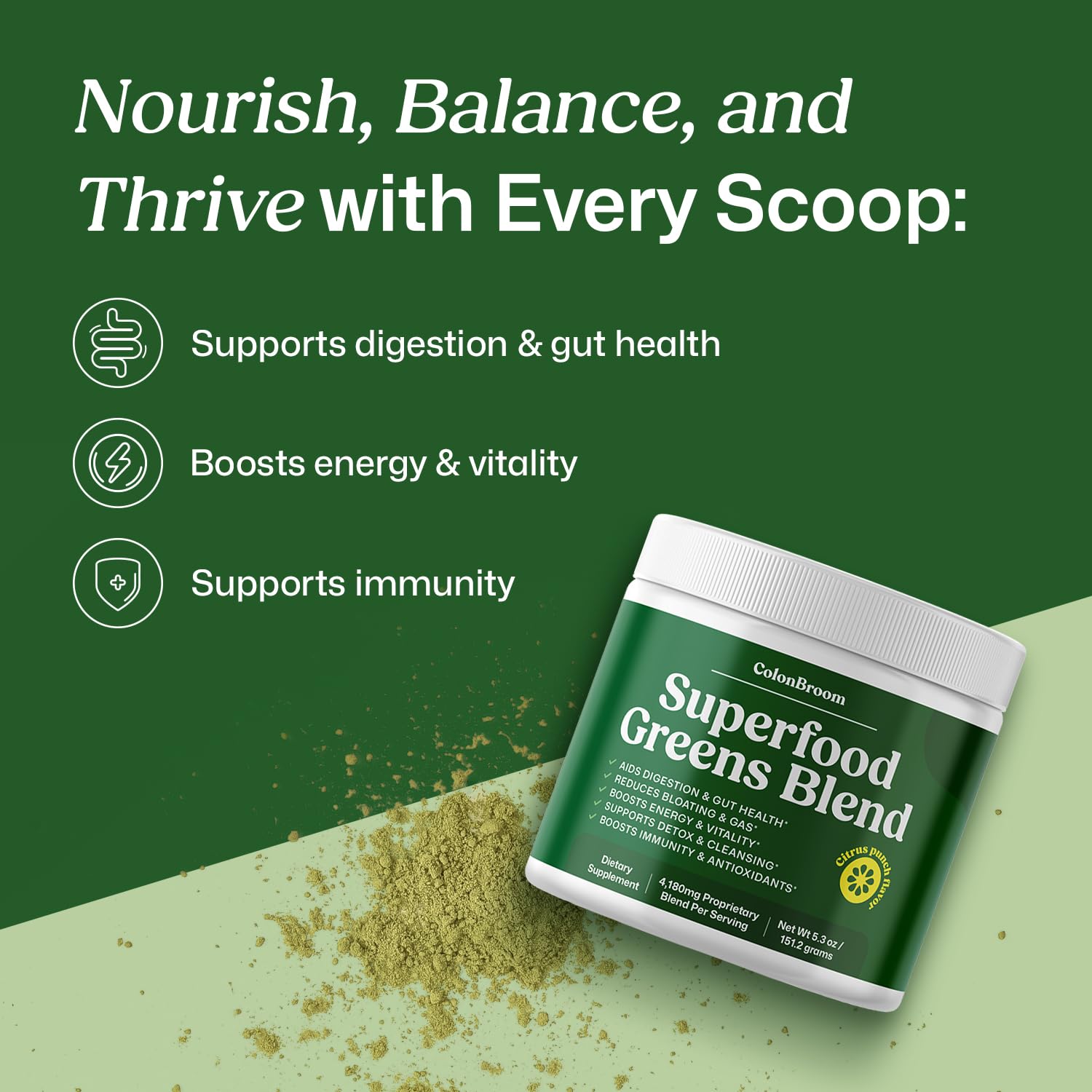 ColonBroom Superfood Greens Powder Supplement | Super Greens Juice Powder with Probiotics, Prebiotics, Spirulina & Chlorella | Natural for Energy, Immunity, Digestion & Detox Support | 28 Servings ColonBroom uk supplements