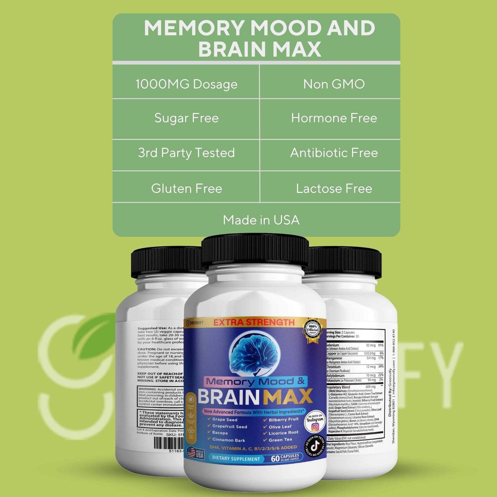 Memory, Mood & Brain Max Extra Strength Supplement with Herbal Ingredients, 60 Capsules, DHA, Vitamins, Bacopa, Green Tea (1) GREENVIFY uk supplements
