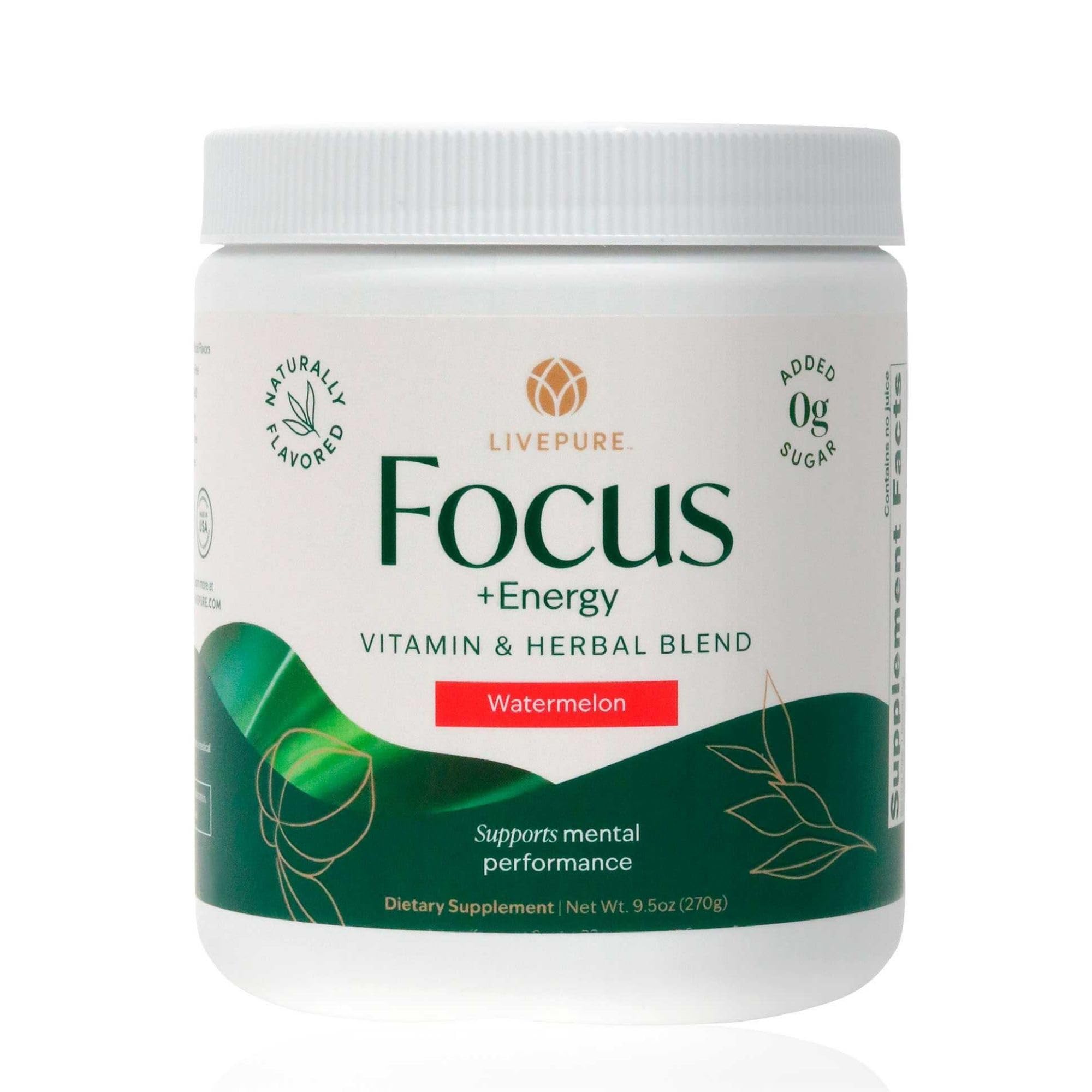 PURE Focus + Energy Tub Drink Mix | Natural Caffeine & Antioxidants from Botanicals | Supports Alertness, Clarity & Energy | Zero Sugar, No Artificial Sweeteners | 9.5 oz | Watermelon Flavor PURE uk supplements