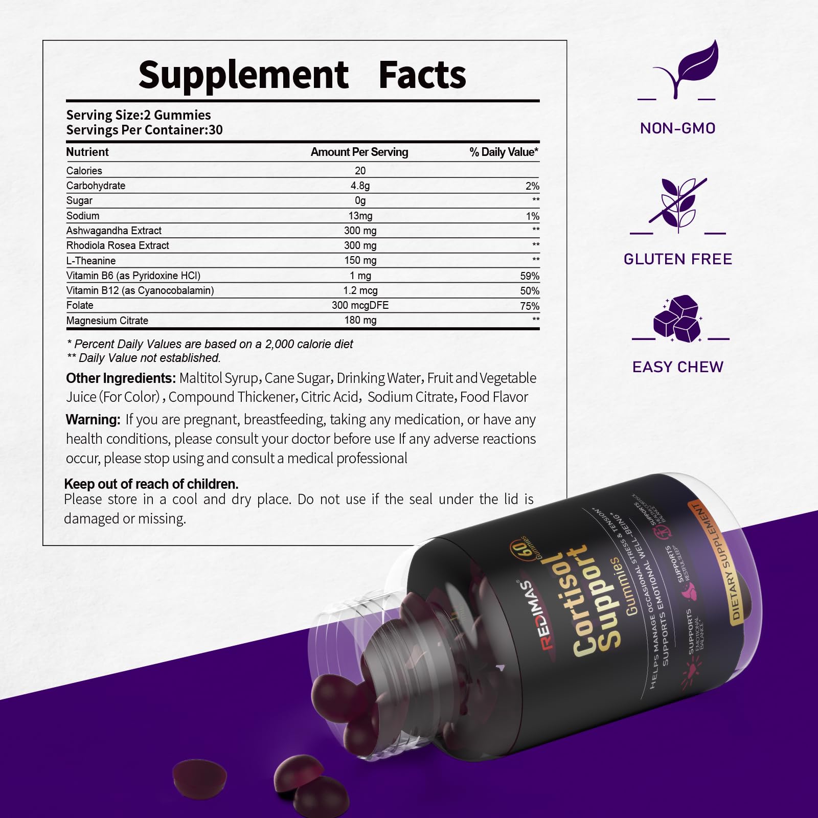 Redimas Cortisol Gummies for Women & Men with Ashwagandha, Magnesium, L-Theanine and Multivitamin, Vegan Chewable Gummies for Daily Lifestyle Balance, Convenient Adult Supplement, 60 Count Redimas uk supplements