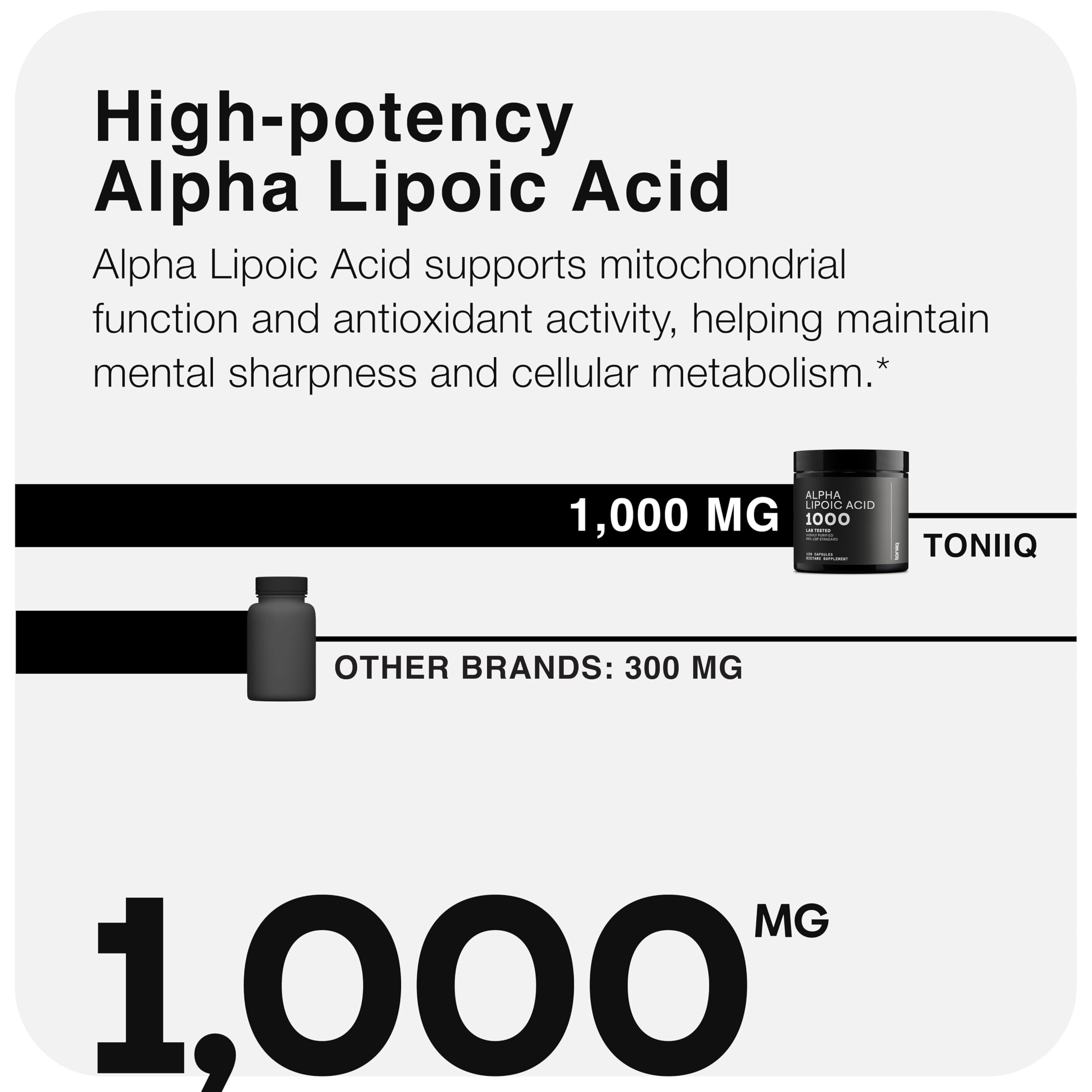 Toniiq 1000mg Ultra High Strength Alpha Lipoic Acid Capsules - Highly Purified 99%+ USP Standard - 120 Capsules ALA Supplement Toniiq uk supplements