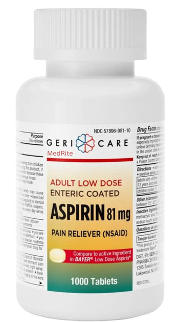 Low dose Baby Aspirin 81mg for Adults. (NSAID) | Made in USA | (Value Pack 1,000 Enteric Coated Tablets) MedRite uk supplements