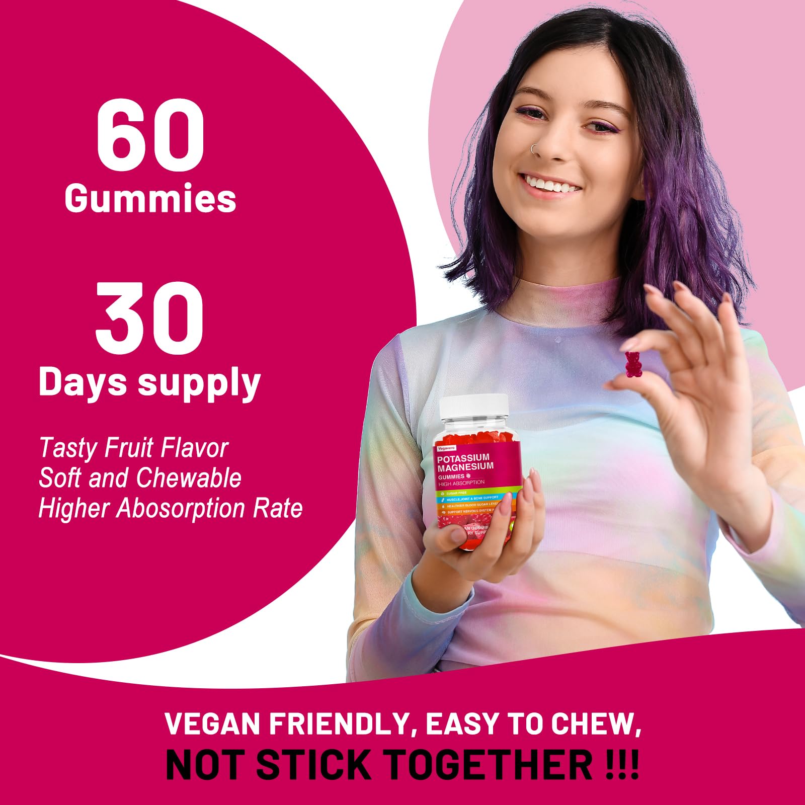 Potassium Magnesium Gummies - High Absorption Magnesium Glycinate & Potassium Citrate Plus Coenzyme Q10, DHA, D3, Mineral & Calcium for Zzz, Leg Cramps & Muscle - 60 Raspberry Gummies Vegavero uk supplements