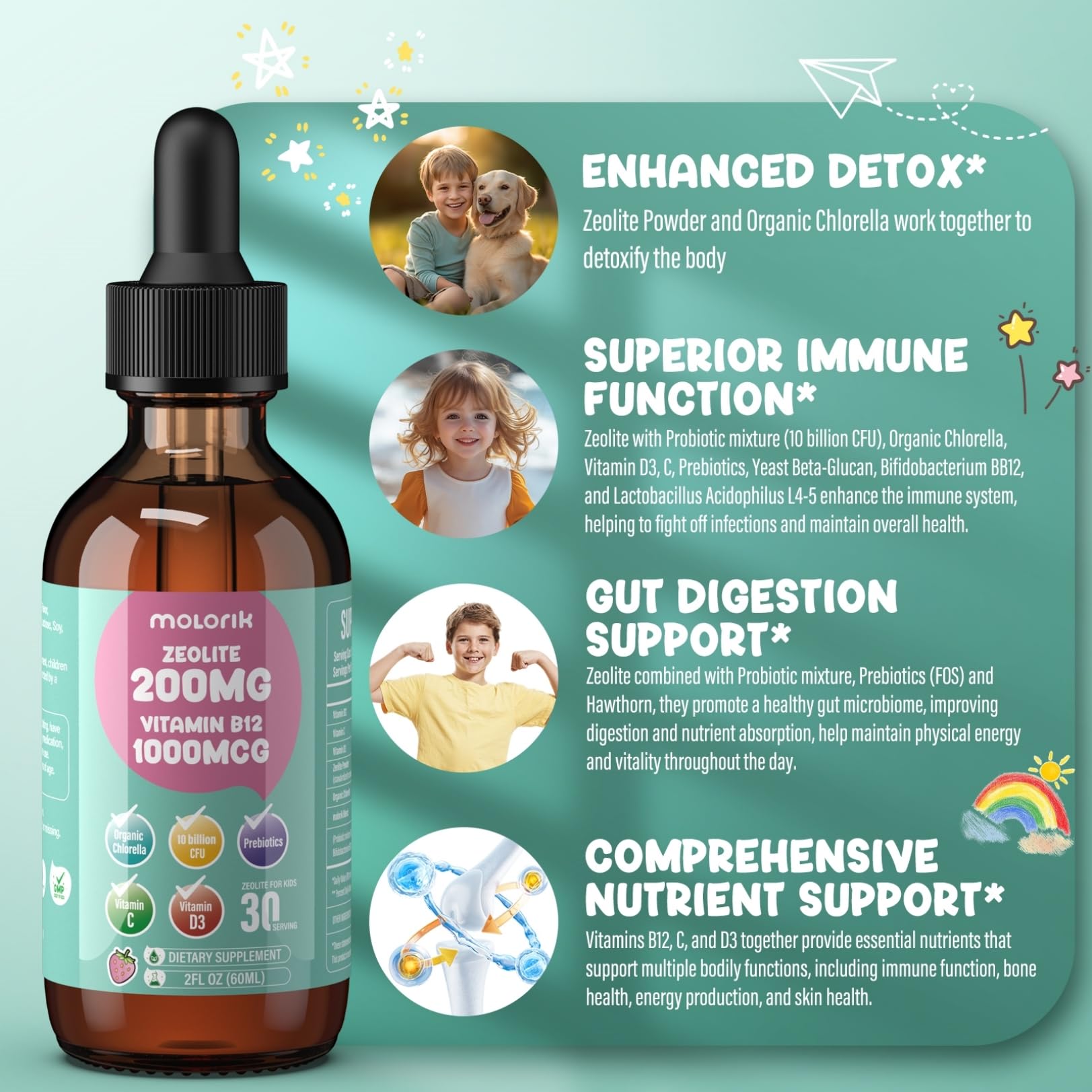Zeolite Detox for Kids and Adults, 200mg Zeolite Liquid Drops with 1000mcg Vitamin B12, Organic Chlorella, 10 billion CFU & Prebiotics for Gut Support & Speech, Immune, Bone, Energy*, Strawberry, 60ML molorik pure uk supplements