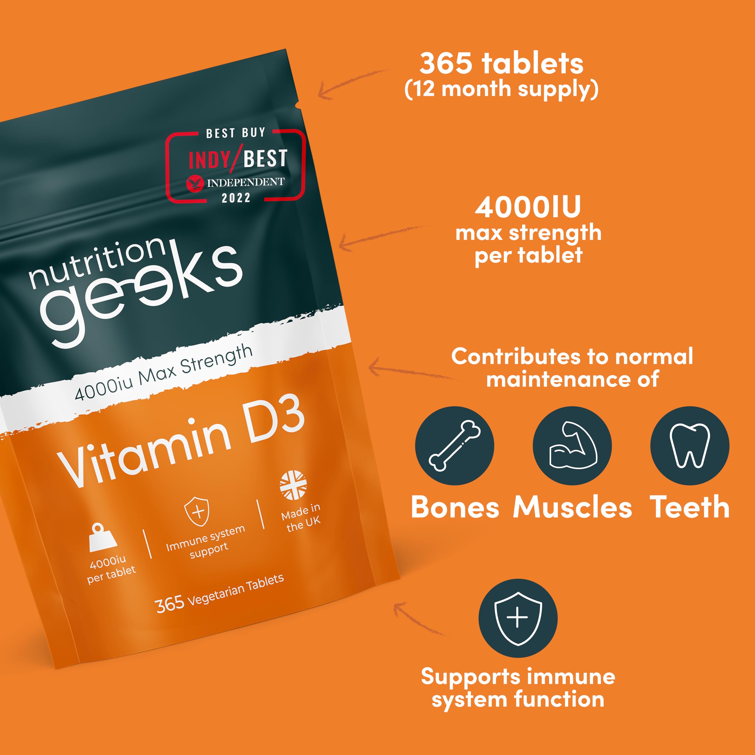 Vegetarian Vitamin D3 4000 iu - 1 Year Supply, 365 Easy-Swallow High Strength Vitamin Nutrition Geeks uk supplements