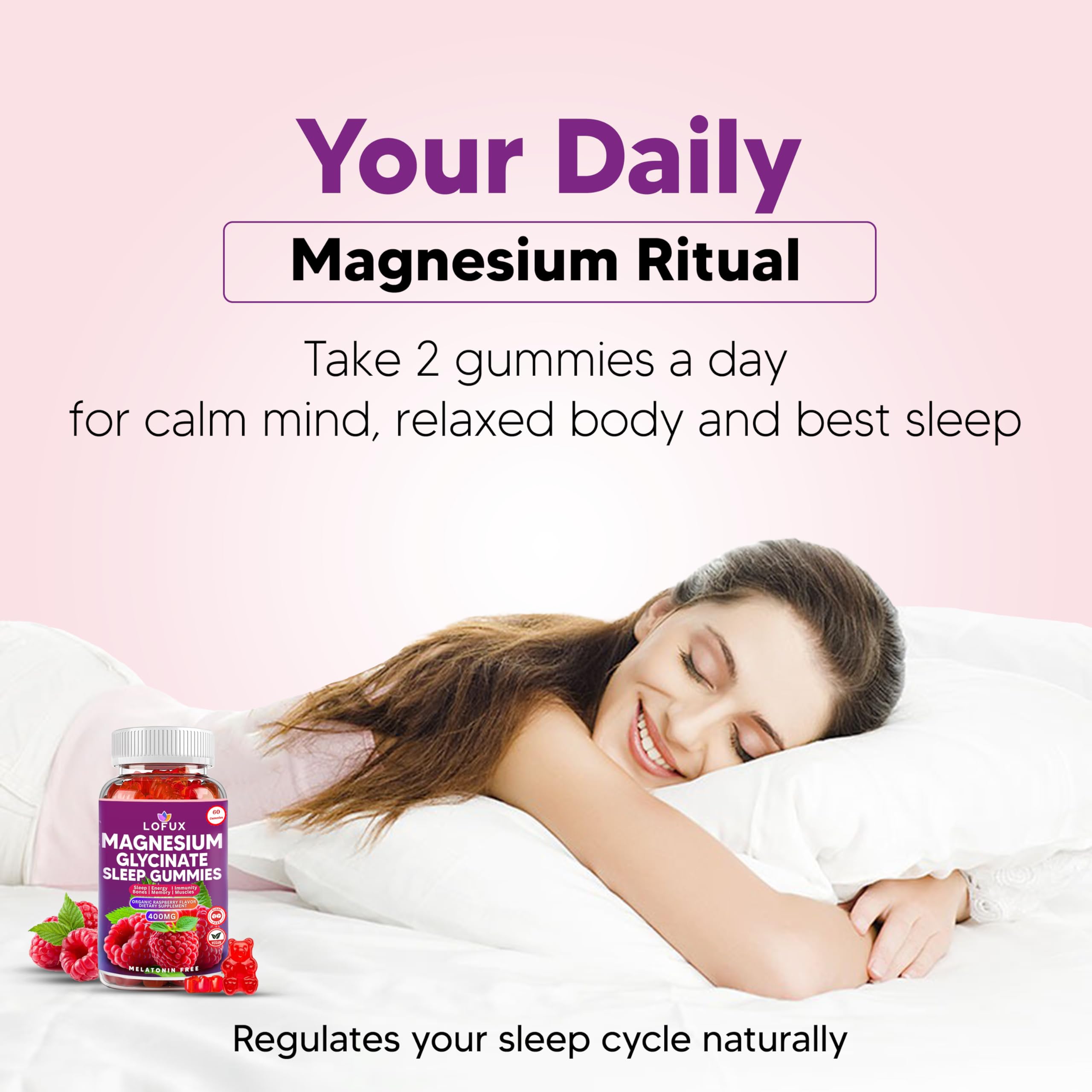 Lofux Magnesium Glycinate Gummies 400mg, Sugar Free Magnesium Gummies for Adults Women, Men, Chewable Supplement Gummy with L-Threonate, Vitamin D, B6, CoQ10 - for Calm, Sleep, Body Relaxation, 120 Ct Lofux uk supplements