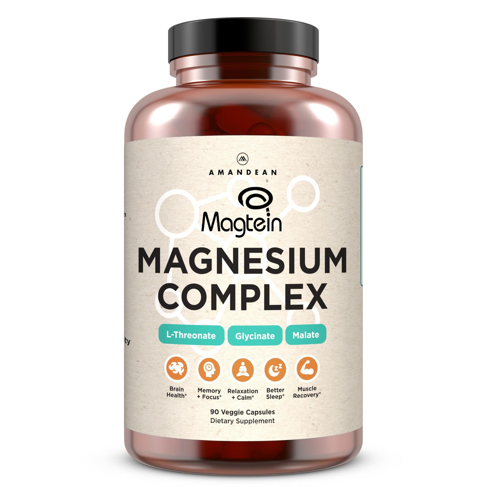AMANDEAN Magtein Magnesium Complex. L-Threonate, Glycinate, Malate Triple Blend Chelated Magnesium Supplement. 90 Veggie Capsules. High Absorption Branded Ingredients. Brain Health, Sleep, Calm*. AMANDEAN uk supplements