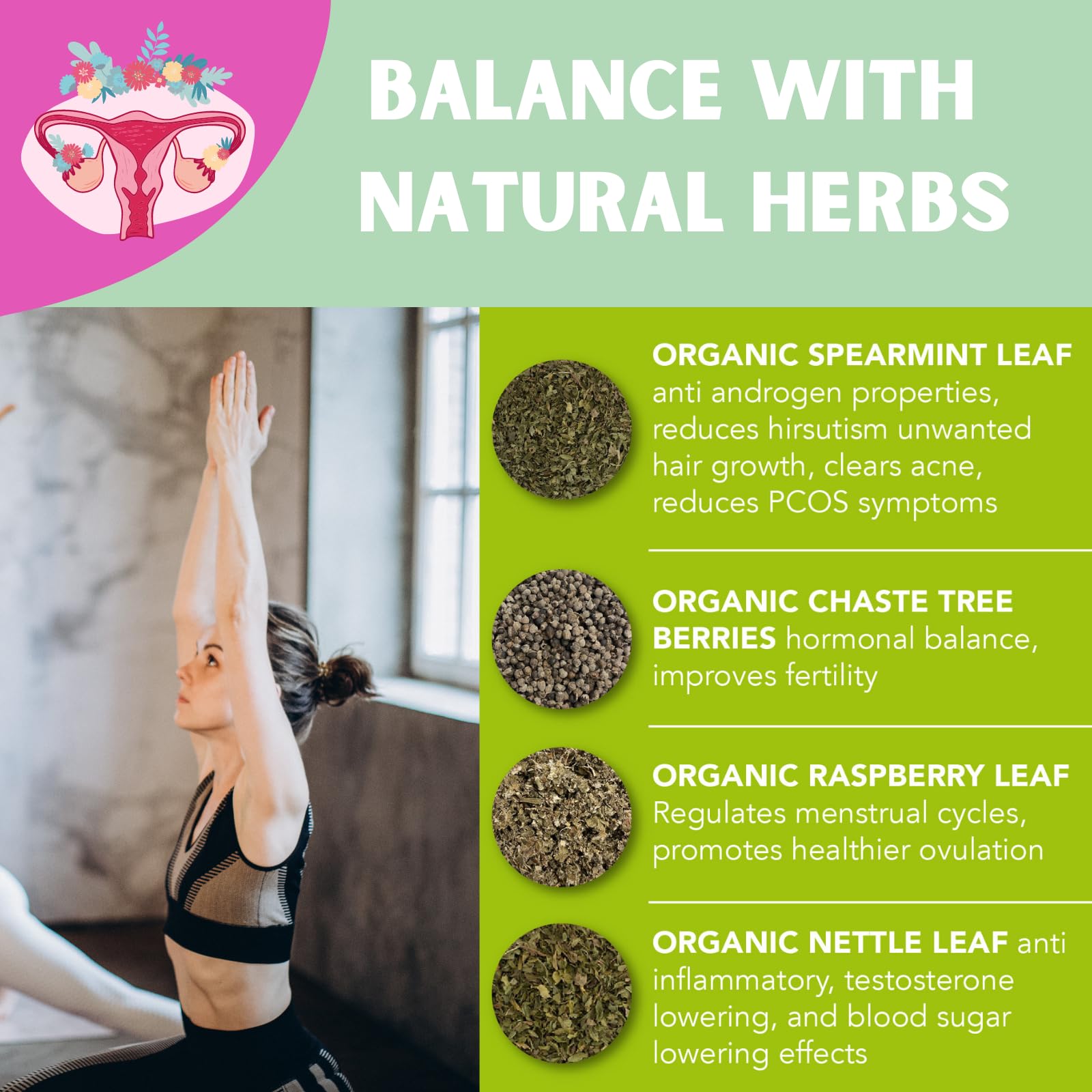 PCOS Cystem Tea with Organic Red Raspberry Leaf, Vitex, Spearmint Tea Supports Fertility PCOS Herbal Tea uk supplements