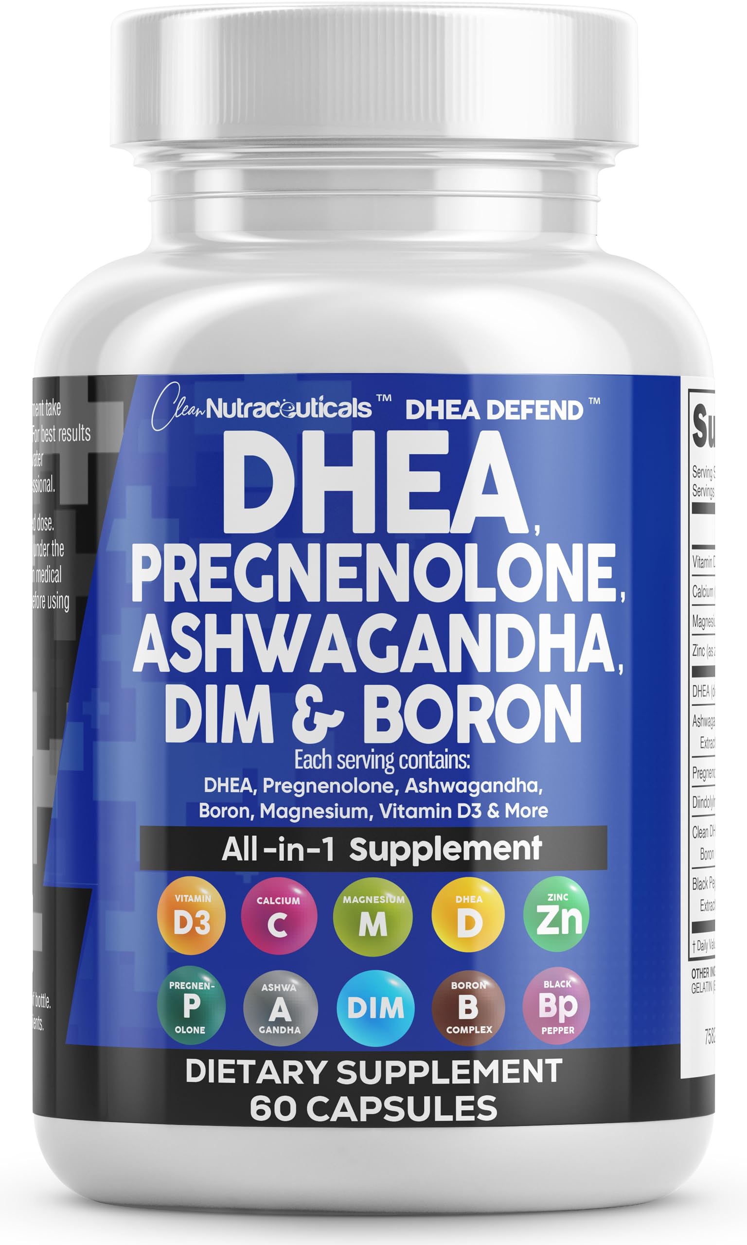 DHEA 200mg Supplement Pregnenolone 100mg for Men & Women with DIM Ashwagandha Boron 6mg Complex Calcium Magnesium Zinc 50mg Vitamin D3 5000 iu Hormone Support Capsules Pills - Made in USA 60 Ct Clean Nutraceuticals uk supplements
