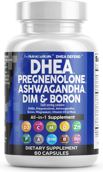 DHEA 200mg Supplement Pregnenolone 100mg for Men & Women with DIM Ashwagandha Boron 6mg Complex Calcium Magnesium Zinc 50mg Vitamin D3 5000 iu Hormone Support Capsules Pills - Made in USA 60 Ct Clean Nutraceuticals uk supplements