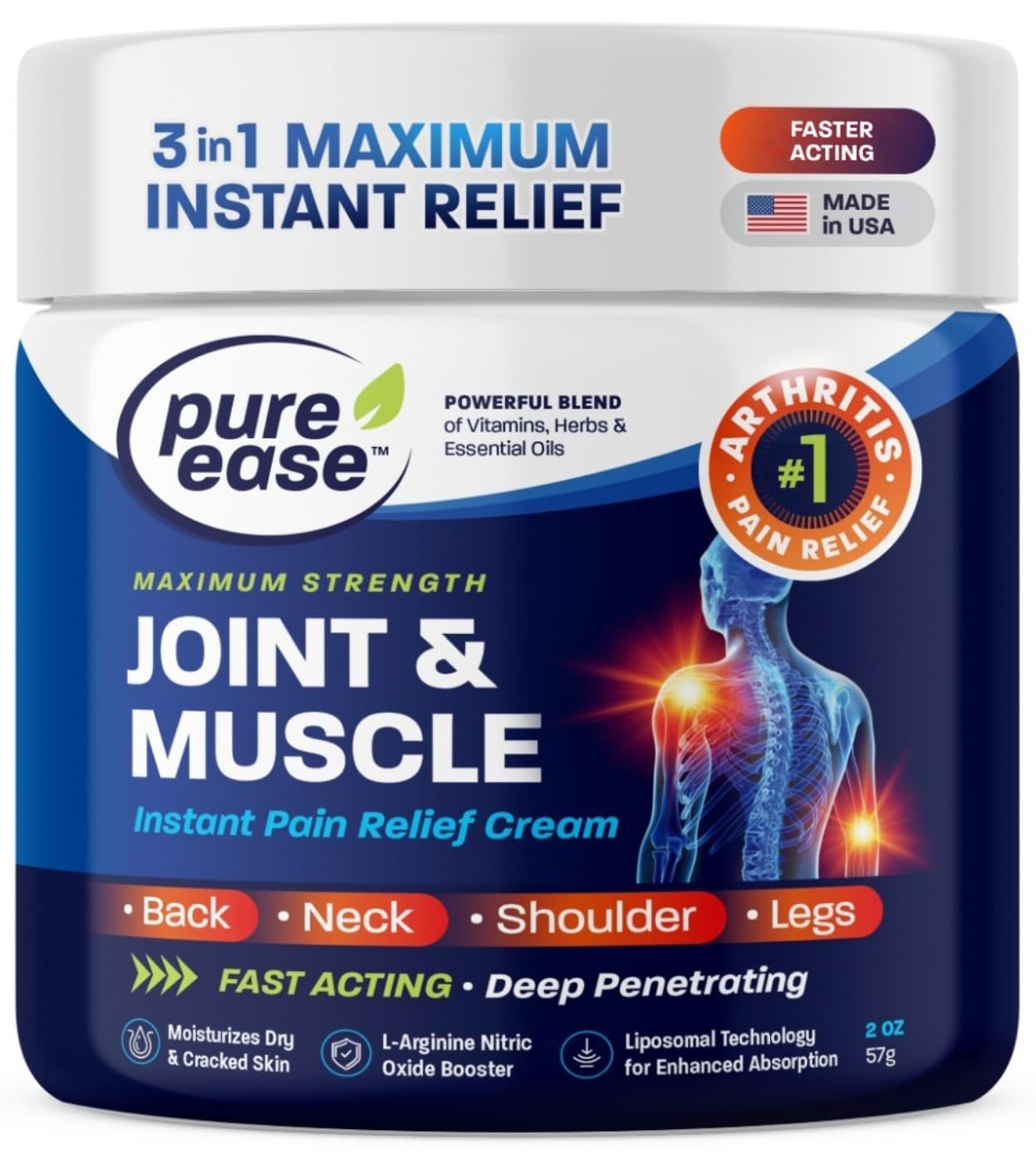Pure Ease Arthritis Pain Relief Cream for Back 3 in 1 Maximum Instant Relief 2 OZ - Fast-Acting Muscle Pain Cream Extra Strength Joint & Knee - Powerful Formula for Neck Shoulder & Lower Back Pure Ease uk supplements