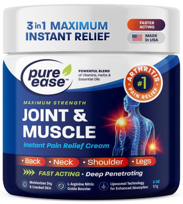 Pure Ease Arthritis Pain Relief Cream for Back 3 in 1 Maximum Instant Relief 2 OZ - Fast-Acting Muscle Pain Cream Extra Strength Joint & Knee - Powerful Formula for Neck Shoulder & Lower Back Pure Ease uk supplements