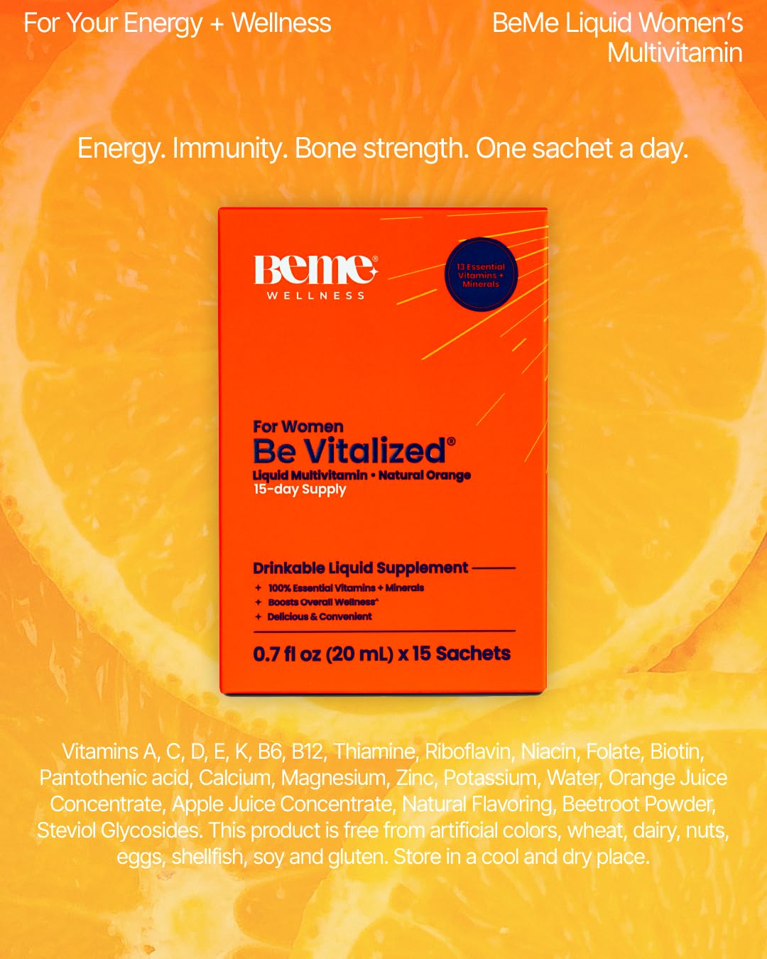 BeMe Liquid Multivitamins for Women - Advanced Liquid Delivery System with 13 Vitamins & Minerals - Tear & Go Sachets, Non-GMO, Orange Flavor (15 Sachets) BeMe uk supplements