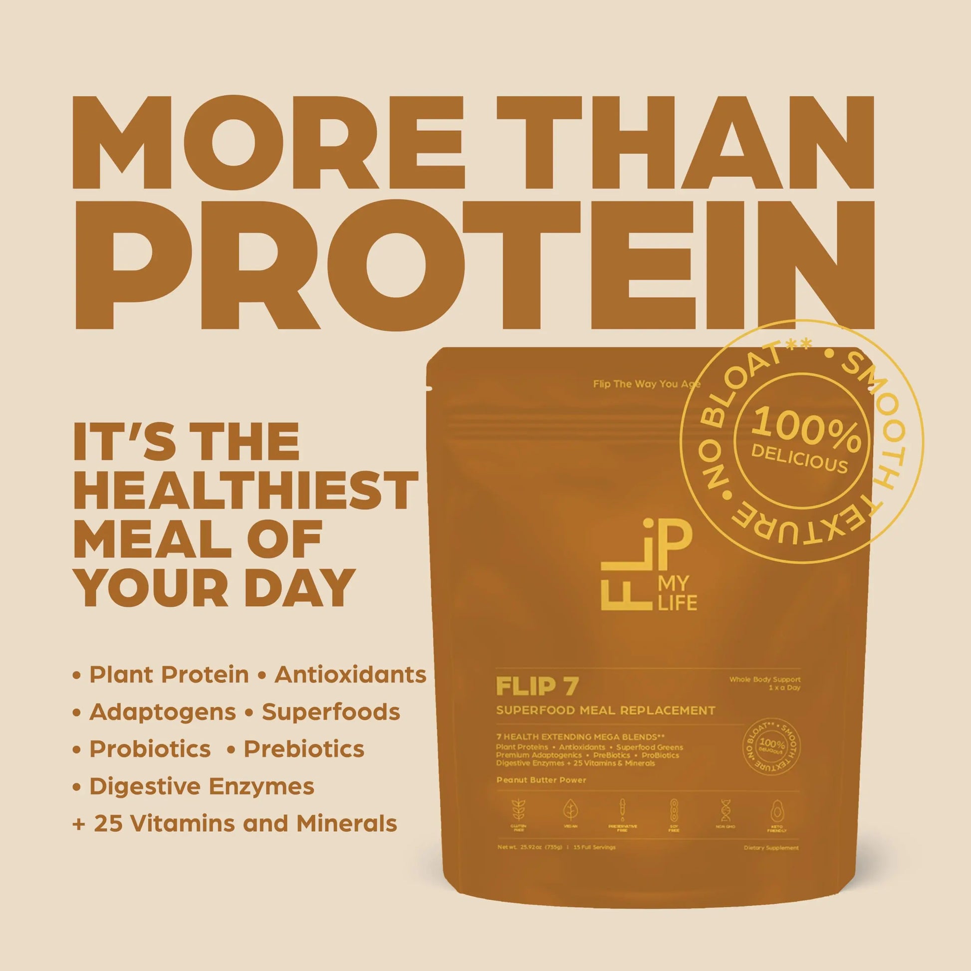 Flip My Life, Flip 7 Natural SuperFood, Plant-Based Protein, Complete Meal Replacement to Support Healthy Gut, 7 Mega Nutrient Rich Blends all in one to AGE BETTER - Peanut Butter Flip My Life uk supplements