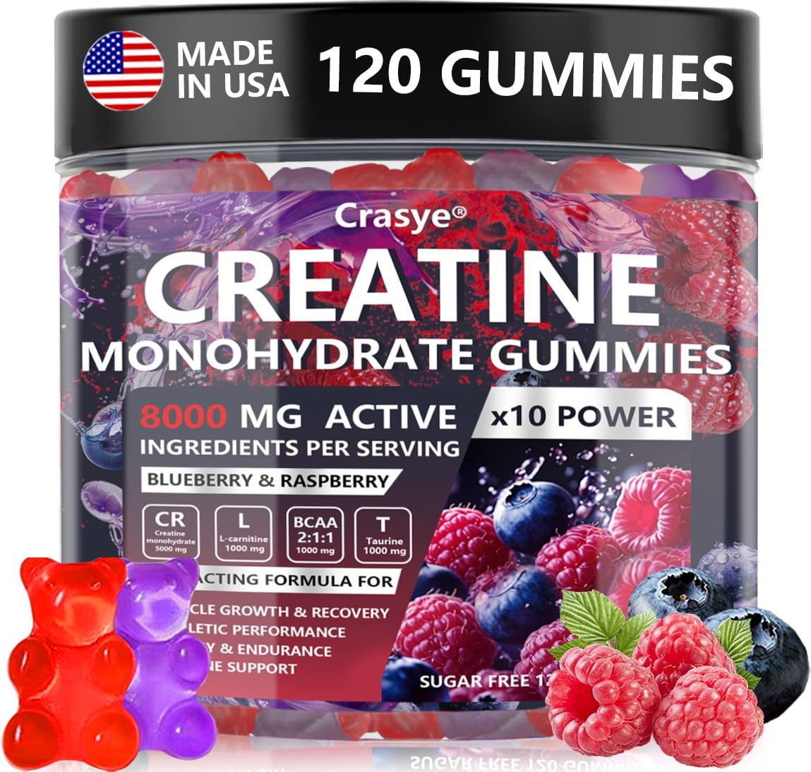 Crasye Creatine Gummies Complex 8000mg for Men and Women Creatine Monohydrate Gummy with BCAA Taurine for Muscle Strength and Energy Boost Sugar Crasye uk supplements