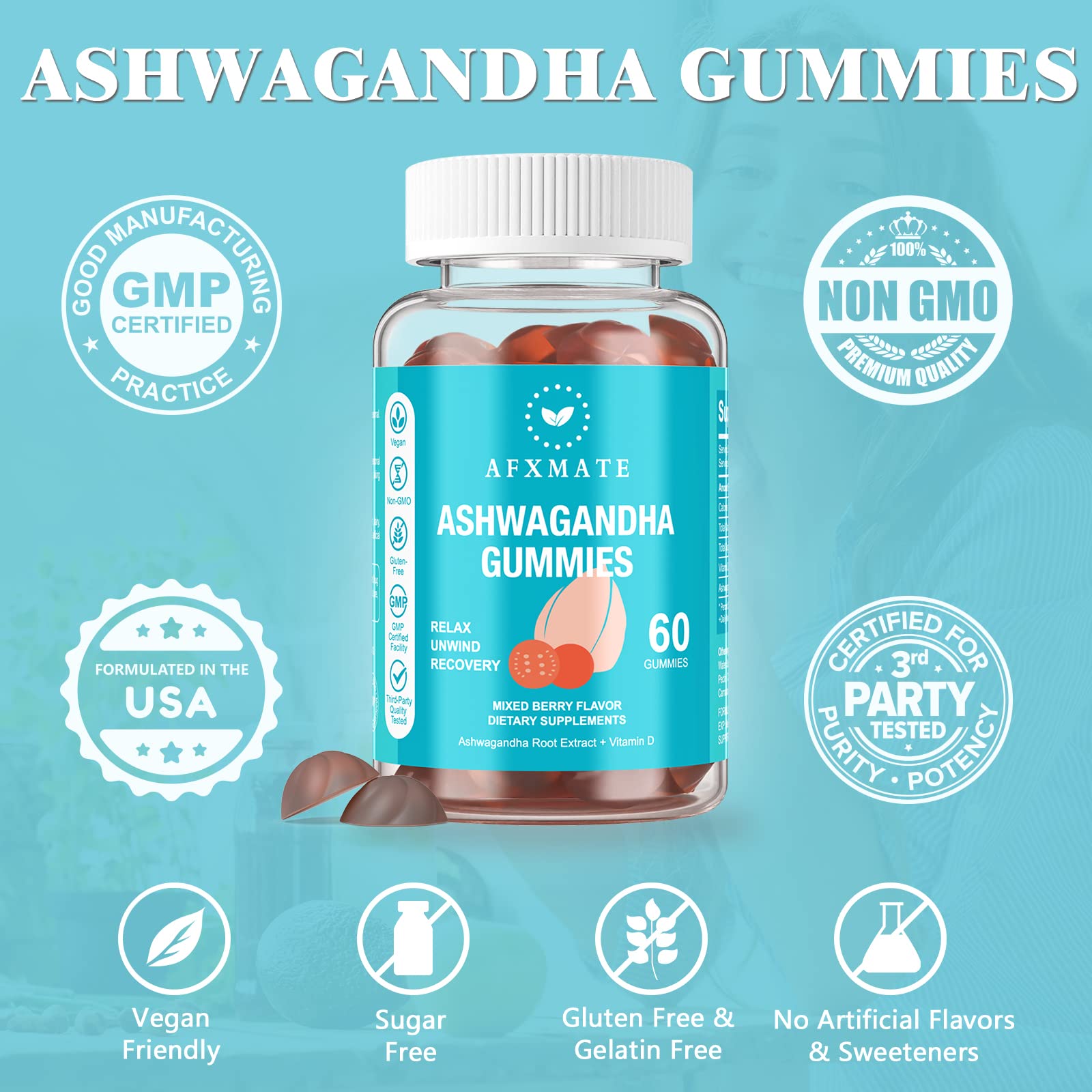AFXMATE Ashwagandha Gummies & Vitamin D Gummies for Men & Women 120 Count Aswangdha Supplement (Non-GMO, Sugar Free & Gluten Free) AFXMATE uk supplements