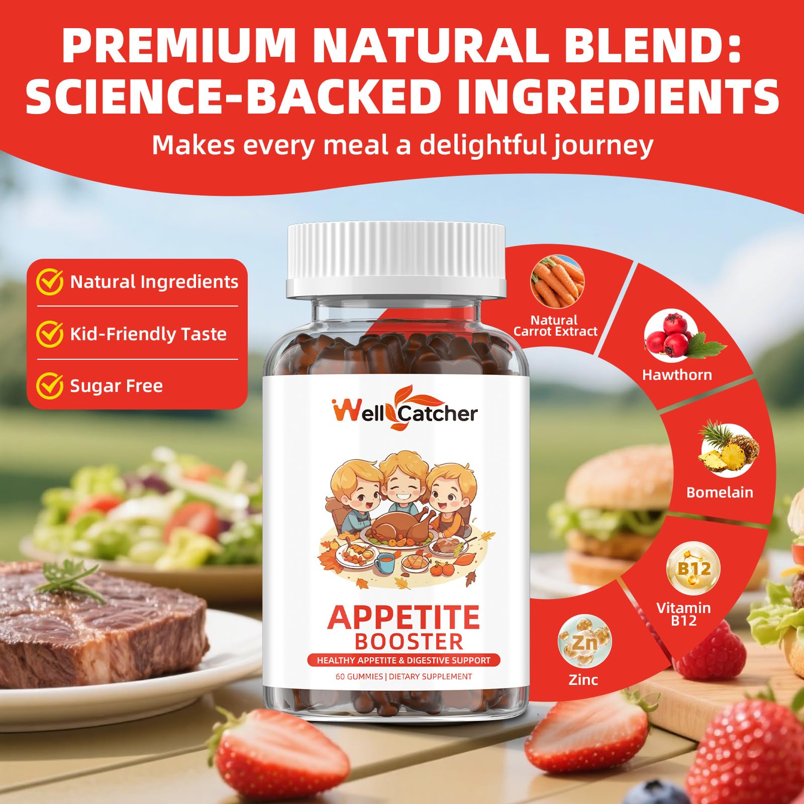 Appetite Booster Gummies for Kids Adults: Appetite Support Supplement with Bromelain Hawthorn Zinc Vitamin B12 for Healthy Digestive & Nutritional Balance, Sugar Free Mixed Fruit Flavor Vegan 30 Days Wellcatcher uk supplements