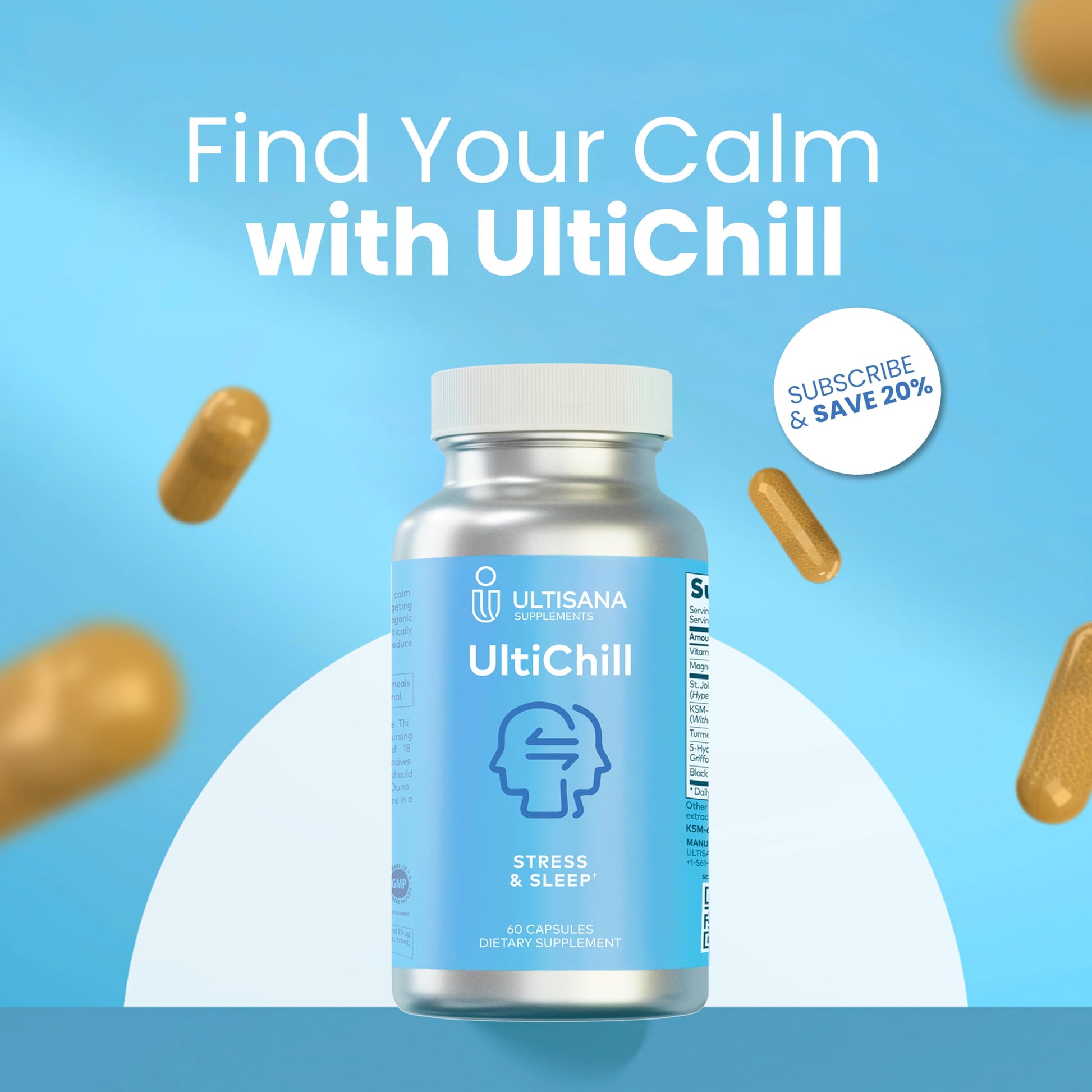 Ultisana UltiChill Stress Relief Supplement, Non-Drowsy | for Enhanced Mood, Immune Booster & Sleep Support | Magnesium Glycinate, Vitamin B6, KSM-66 Ashwagandha, Turmeric & 5-HTP | Non-GMO, 60 Count Ultisana uk supplements