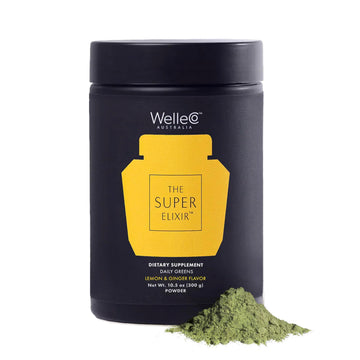 WelleCo The Super Elixir Daily Greens Powder, Probiotic Drink Mix with Whole Foods, Gluten Free, Vegan Gut Health Powder, Energy, Immunity, Healthy Skin, Hair & Nails (300g, Lemon Ginger) WelleCo uk supplements