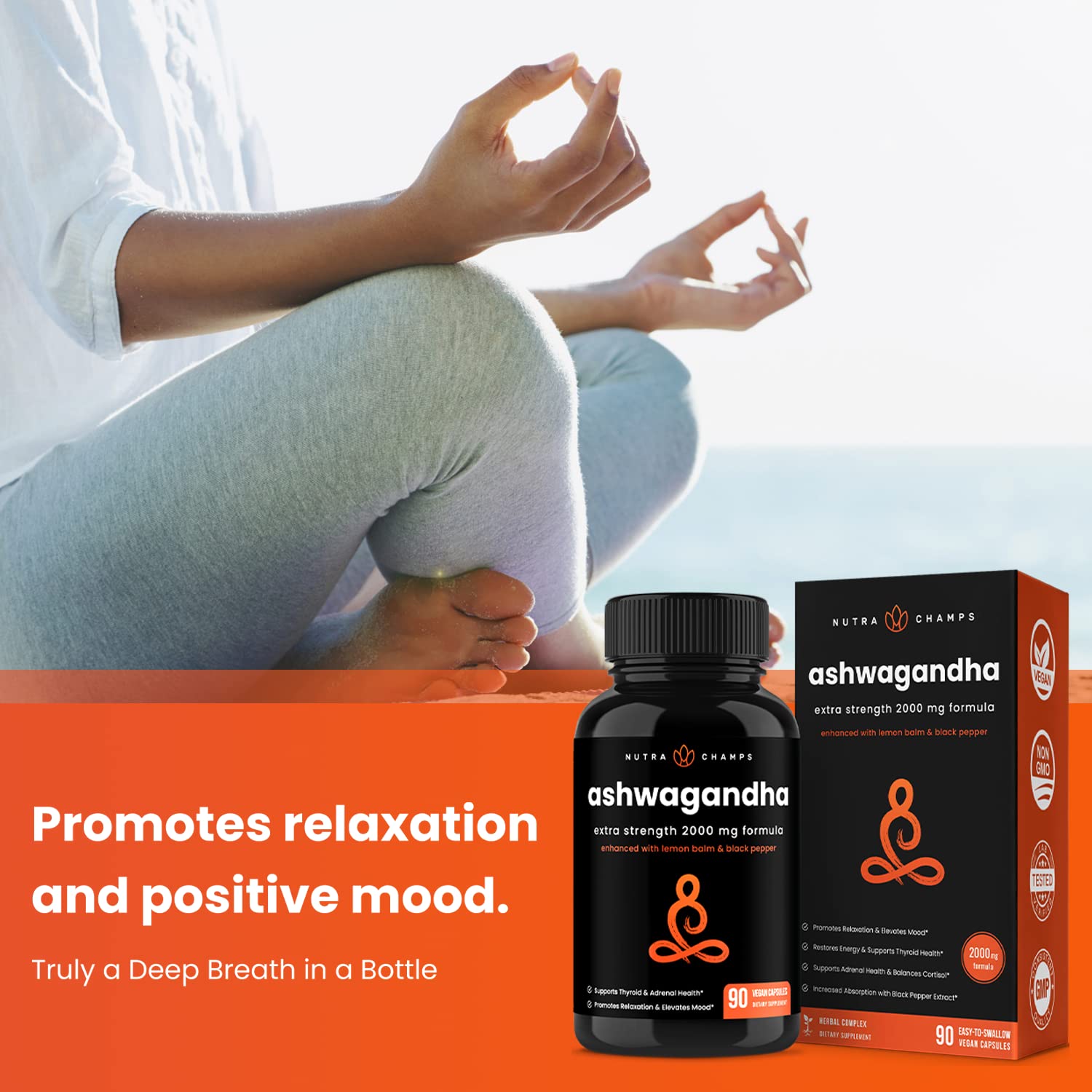 NutraChamps Organic Ashwagandha Capsules, 2000mg Adrenal Fatigue, Thyroid & Mood Support Ashwagandha Supplements, Ashwagandha Root Powder & Lemon Balm, Superior Absorption with Black Pepper NutraChamps uk supplements