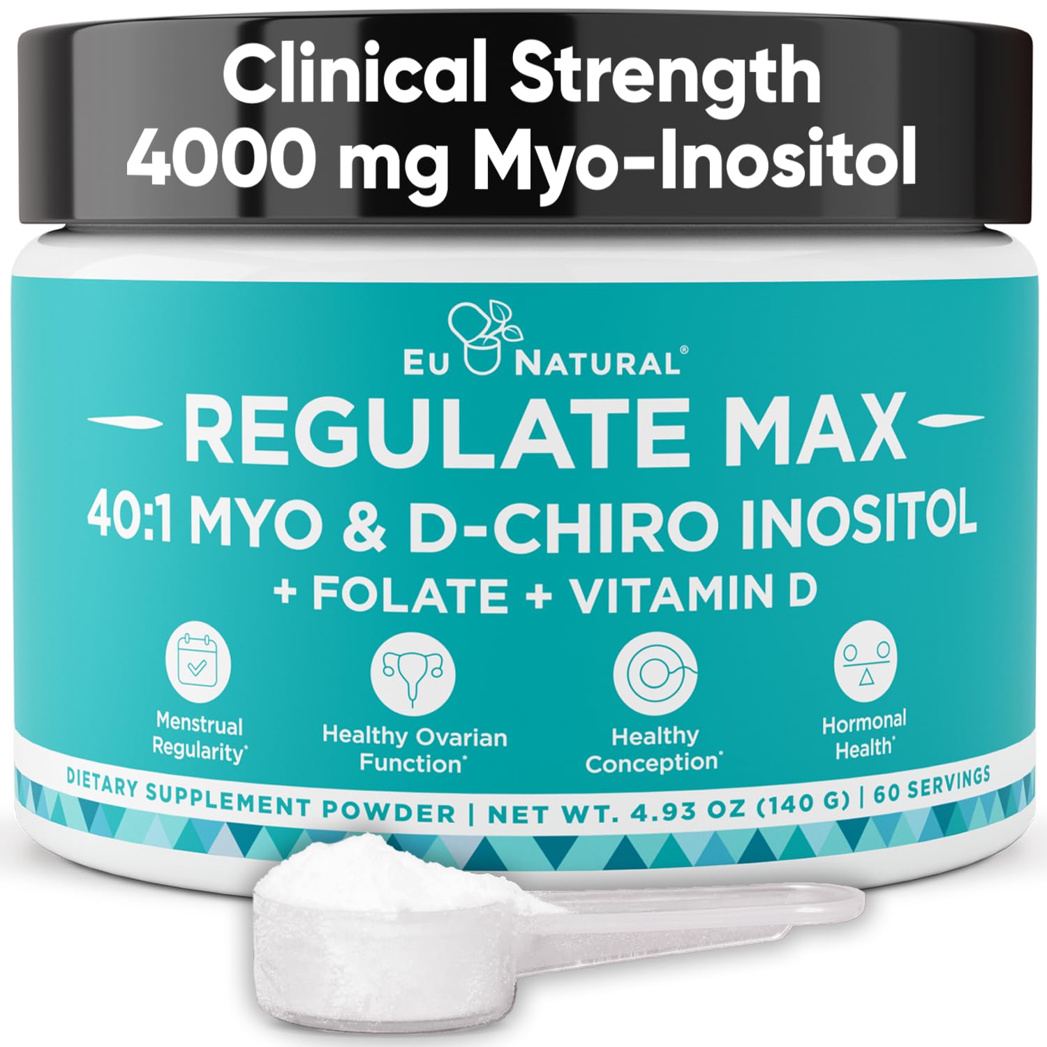 Eu Natural Regulate MAX Myo-Inositol & D-Chiro Inositol Supplement Powder for Women with Vitamin D & Folate Nutritional Support, Hormone Balance & Fertility Support, Unflavored 60 Servings Eu Natural uk supplements