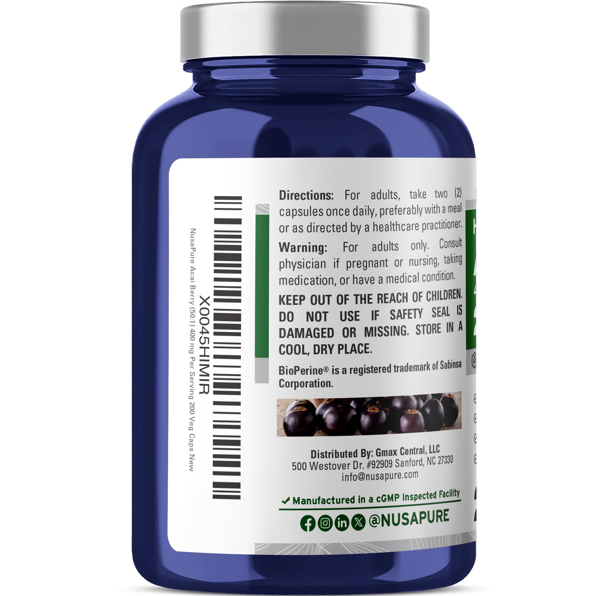 NusaPure Acai Berry 50:1 Extract - Suitable for Vegetarian/Vegan, Non - GMO - 20000 mg - 200 Capsules NusaPure uk supplements