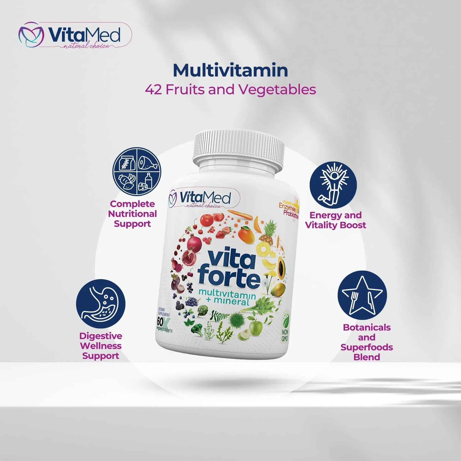 Vita Forte Vegan Multivitamin with Probiotics, Digestive Enzymes & 42 Fruits & Vegetables – Halal Certified VitaMed uk supplements