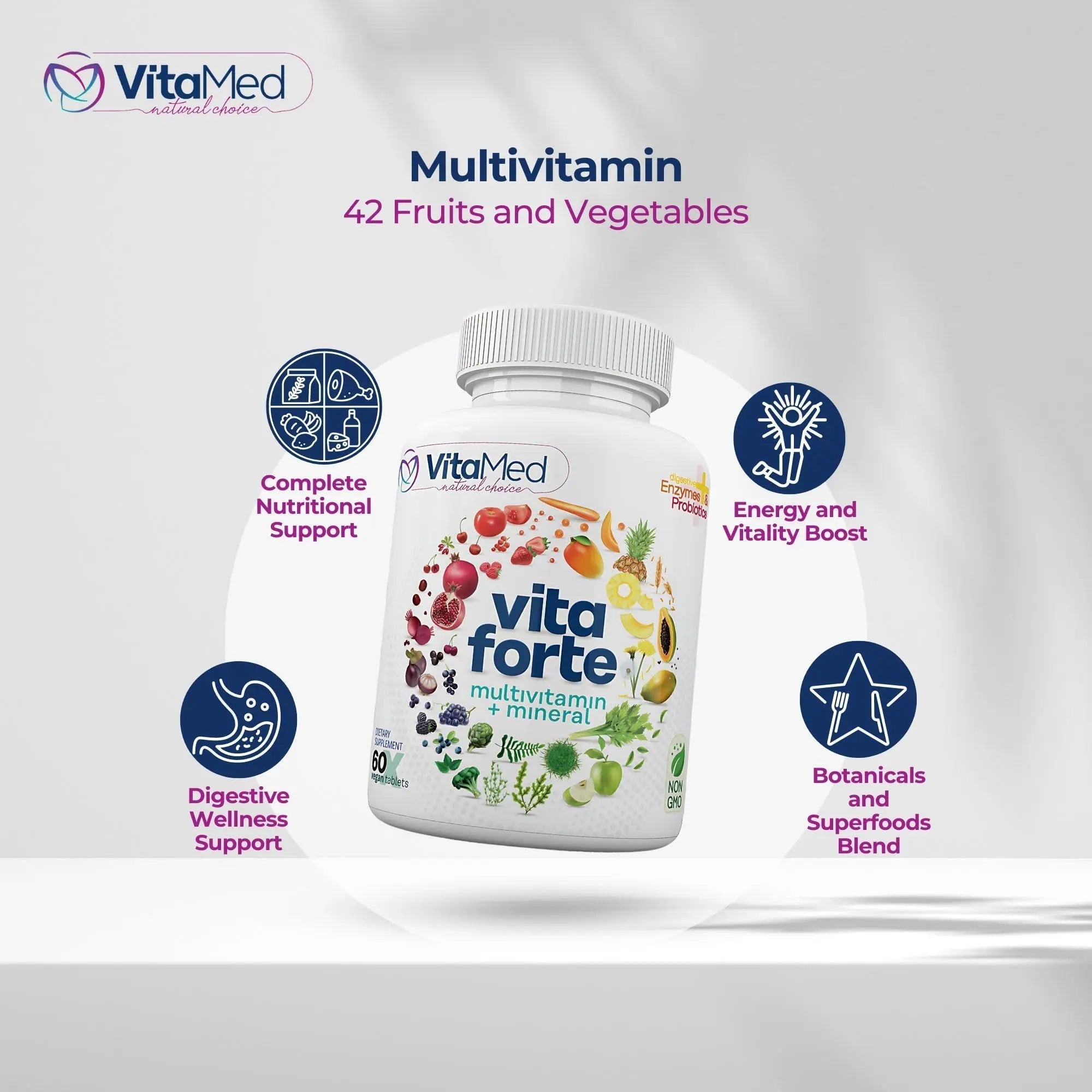 Vita Forte Vegan Multivitamin with Probiotics, Digestive Enzymes & 42 Fruits & Vegetables – Halal Certified VitaMed uk supplements