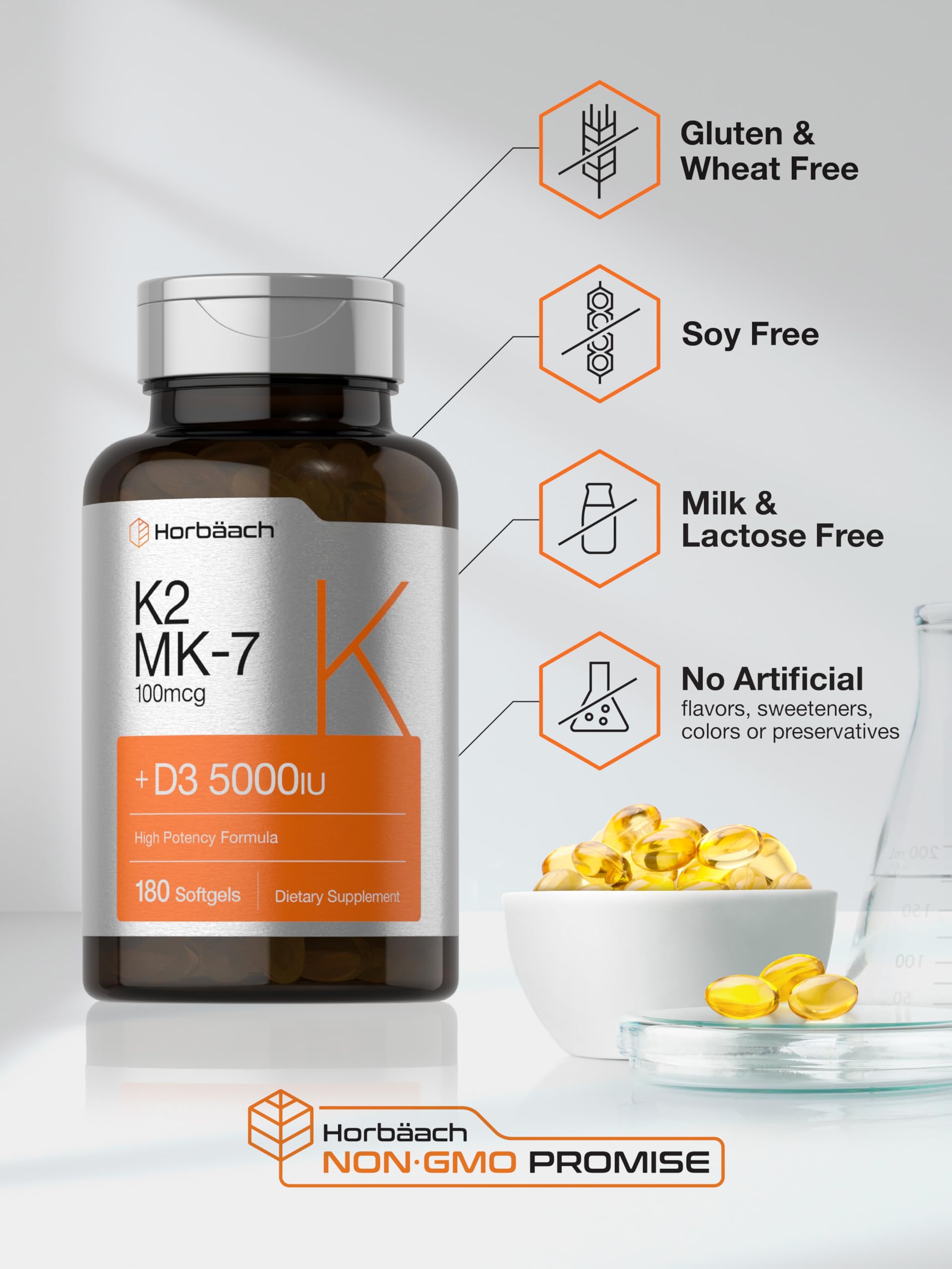 Horbäach Vitamin D3 K2 | 5000iu of Vitamin D & 100mcg MK-7 Complex | 180 Softgel Cap Horbäach uk supplements