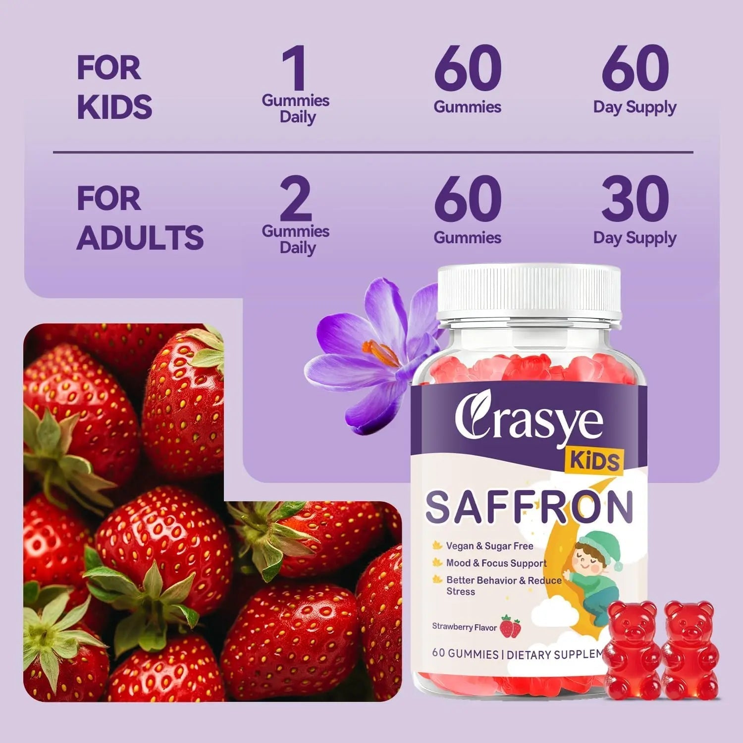Crasye Saffron Gummies for Kids 100% Pure Organic Saffron Extract Sugar Free Saffron Supplements Gummy for Children Calm Mood & Focus - 60 Gummies Crasye uk supplements