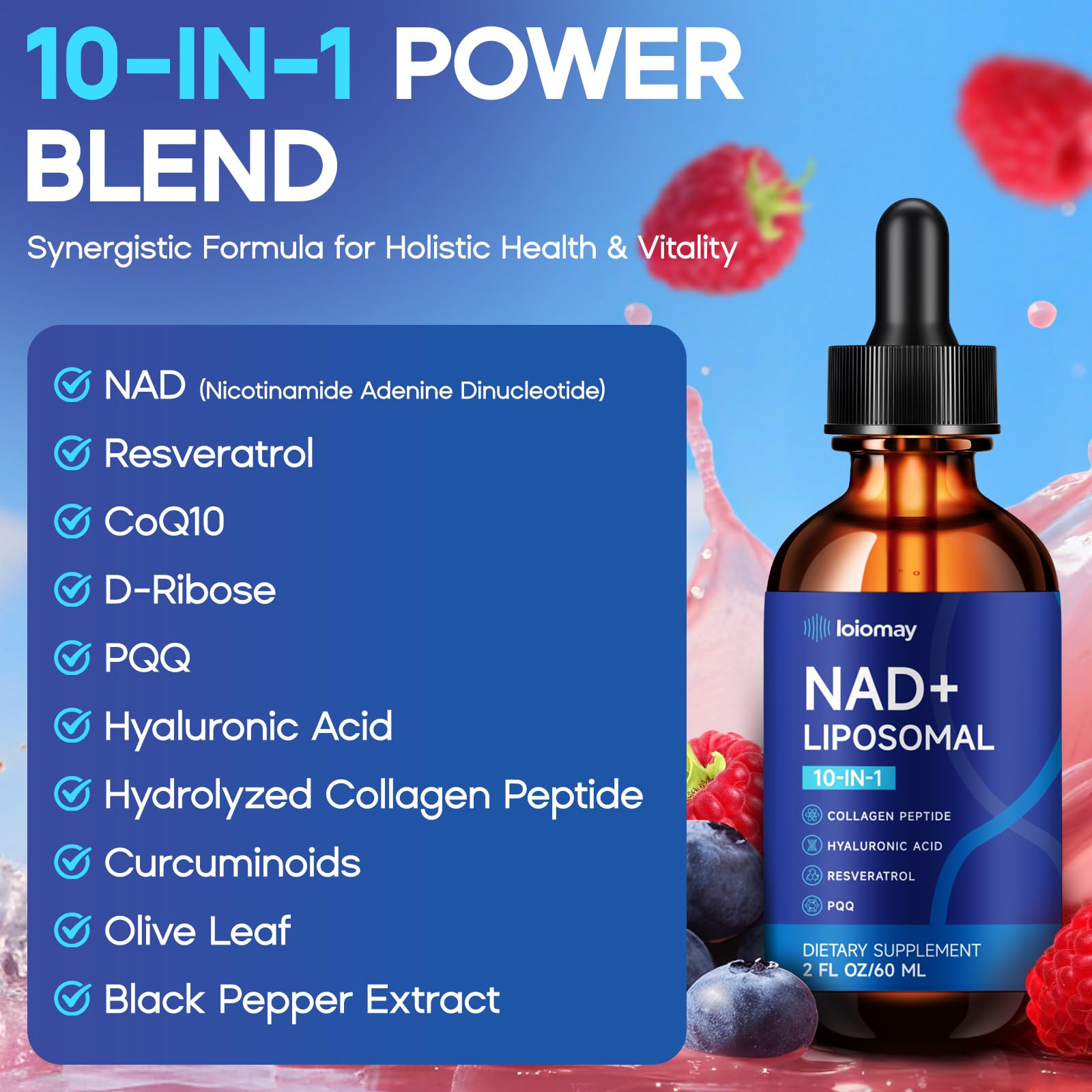 Liposomal NAD Liquid Supplement - 1500mg NAD+ Drops for Women & Men with Resveratrol & Nicotinamide Riboside, PQQ, Collagen & Turmeric for Anti-Aging & Longevity, Cellular Energy Health, 2 Fl Oz loiomay uk supplements