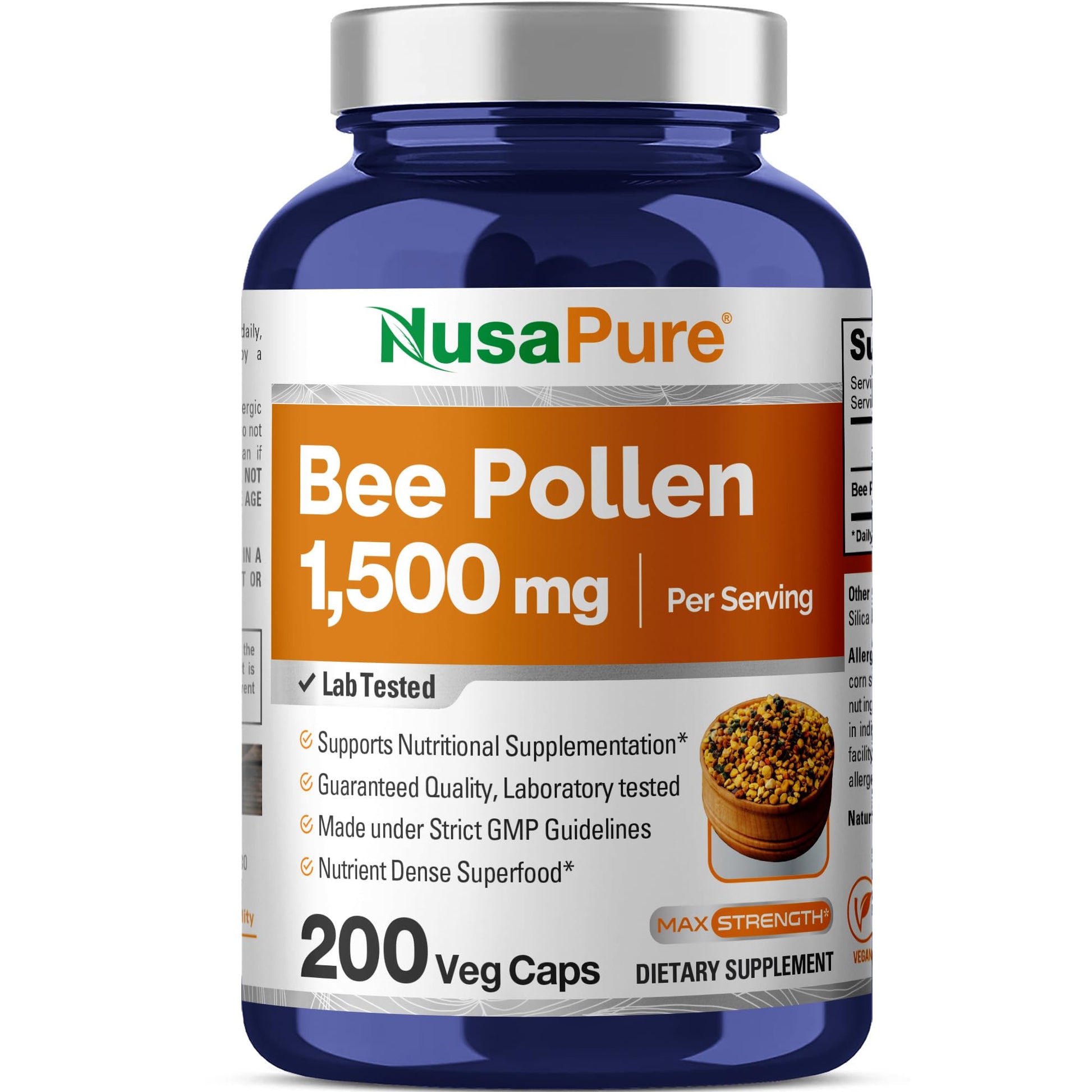 NusaPure Bee Pollen 1500mg 200 Veggie Caps (100% Vegetarian, Non-GMO, Vegan) Naturally Occurring Proteins, Aminoacids NusaPure uk supplements