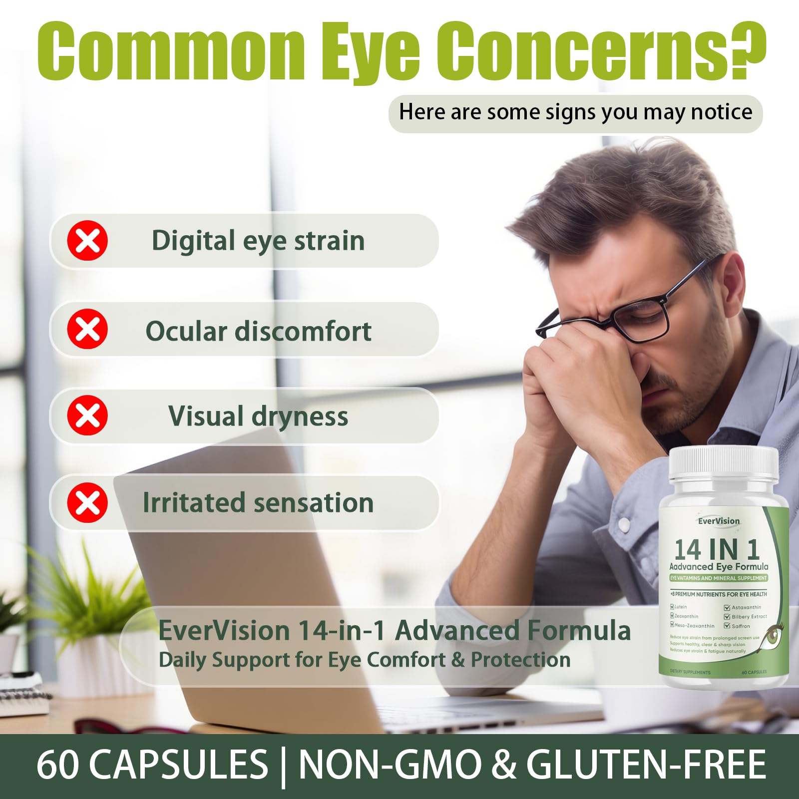 EVERVISION 14 in 1 Advanced Eye Formula, Eye Vitamin and Mineral Supplement with Zinc, Lutein, Zeaxanthin & Bilberry Extract, 60ct EVERVISION uk supplements