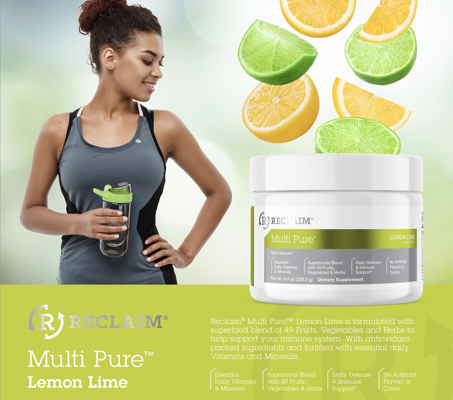 Reclaim Multi Pure Lemon Lime, Immune Support, Vitamin C, Vitamin B Complex, Probiotic, Superfood Powder, Calcium, Magnesium Oxide, (30 Servings) (Lemon Lime) Complete Nutrition uk supplements