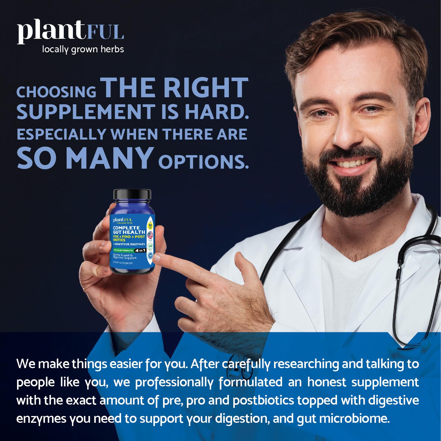4-in-1 Pre Post Probiotics & Digestive Enzymes - Complete Gut Health & Digestive Support for Women & Men - Prebiotic Probiotic & Postbiotic Gas & Bloating Relief – 60 Non GMO Capsules PLANTFUL RESEARCH uk supplements