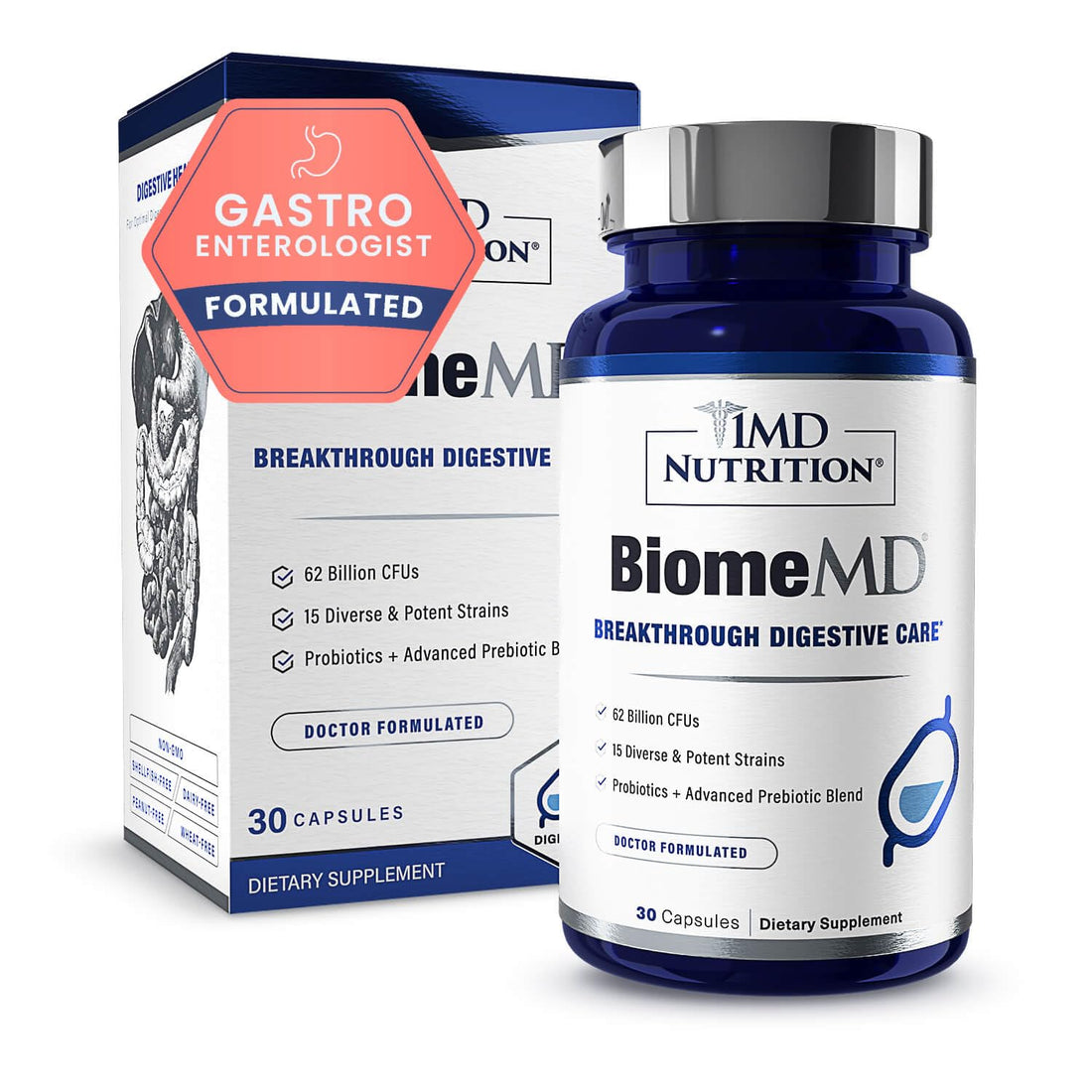 1MD Nutrition BiomeMD Probiotics | 62 Billion CFUs, 15 Comprehensive Strains - Pro & Prebiotics | Doctor-Formulated for Digestive Health & Immune Support | 30 Capsules 1MD Nutrition uk supplements