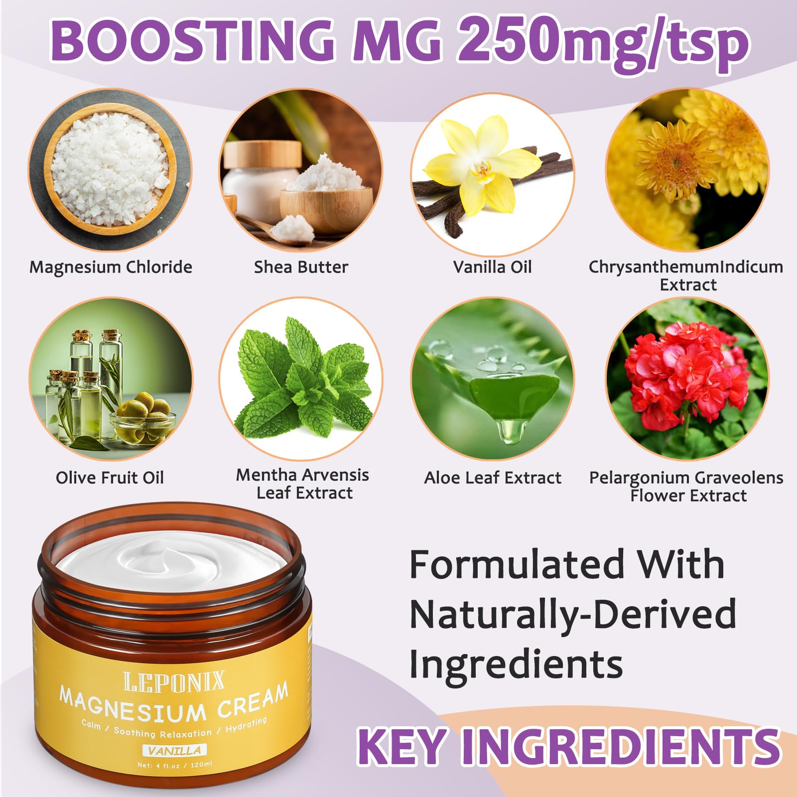 Magnesium Cream for Sleep & Muscle Recovery - Soothing Topical Magnesium Lotion for Leg Cramps, Joint Comfort, Pain Relief - Relaxing Magnesium Body Butter for Men Women Kids (120ml, Vanilla) LEPONIX uk supplements