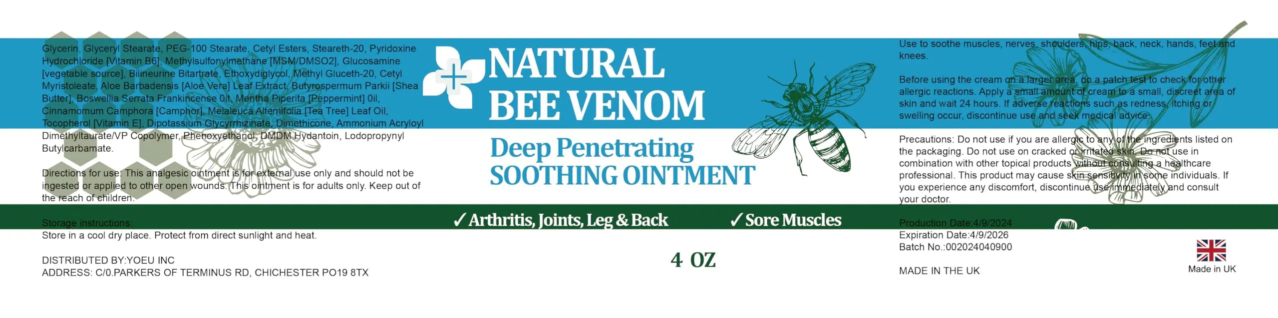 PIBIOOMAP Natural Bee Venom Joint & Muscle & Bone Release Oniment - Homeopathic Remedy - Fast Acting Release for Back, Neck, Hand, Feet, Knee, Muscle, Shoulder, Nerve, Ankle, Foot PIBIOOMAP uk supplements