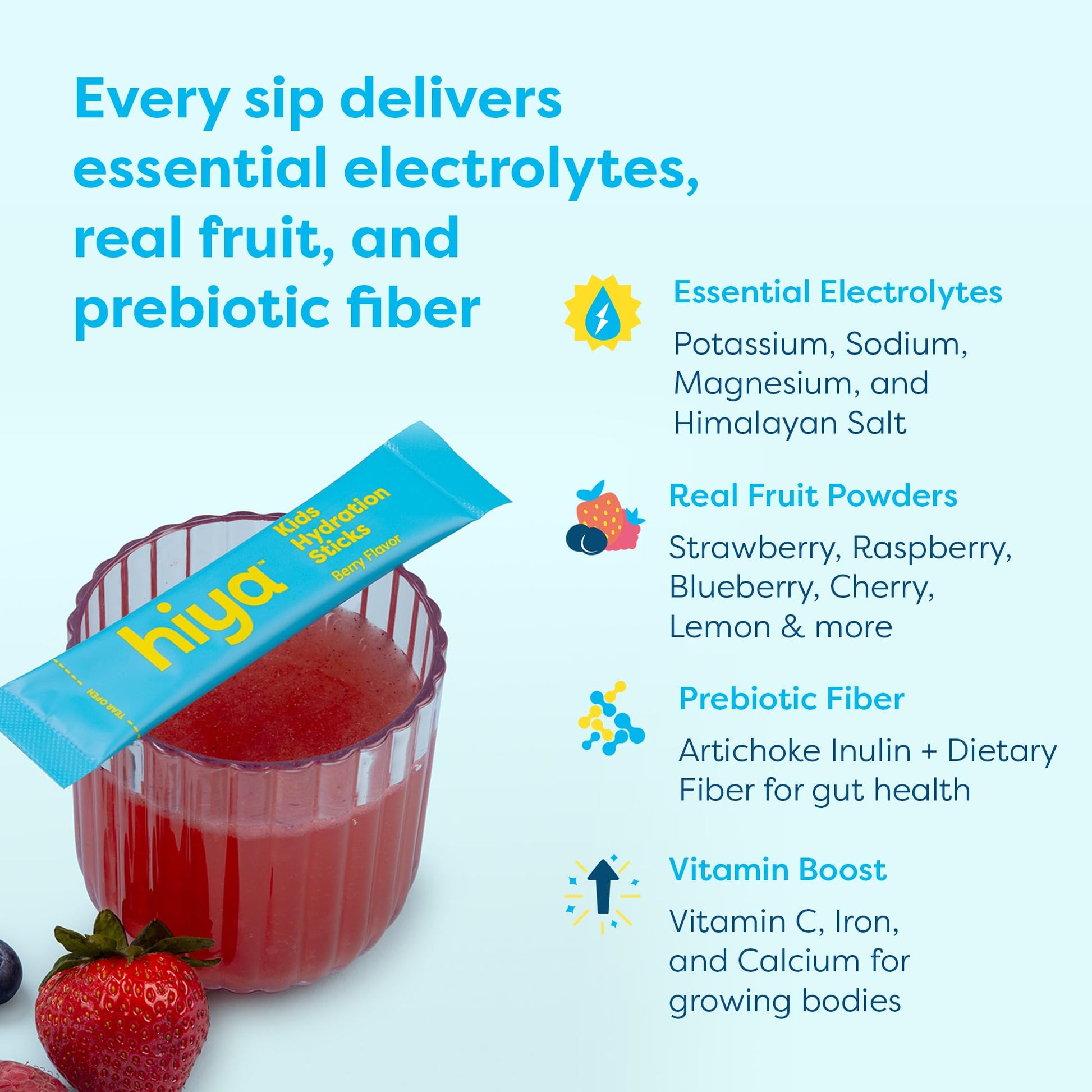 Hiya Kids Hydration with Electrolytes - Zero Added Sugar Berry Flavored Kids Hydration Packets - 15 Sticks - Travel-Friendly Drink Mix for Children Ages 2+ HIYA uk supplements