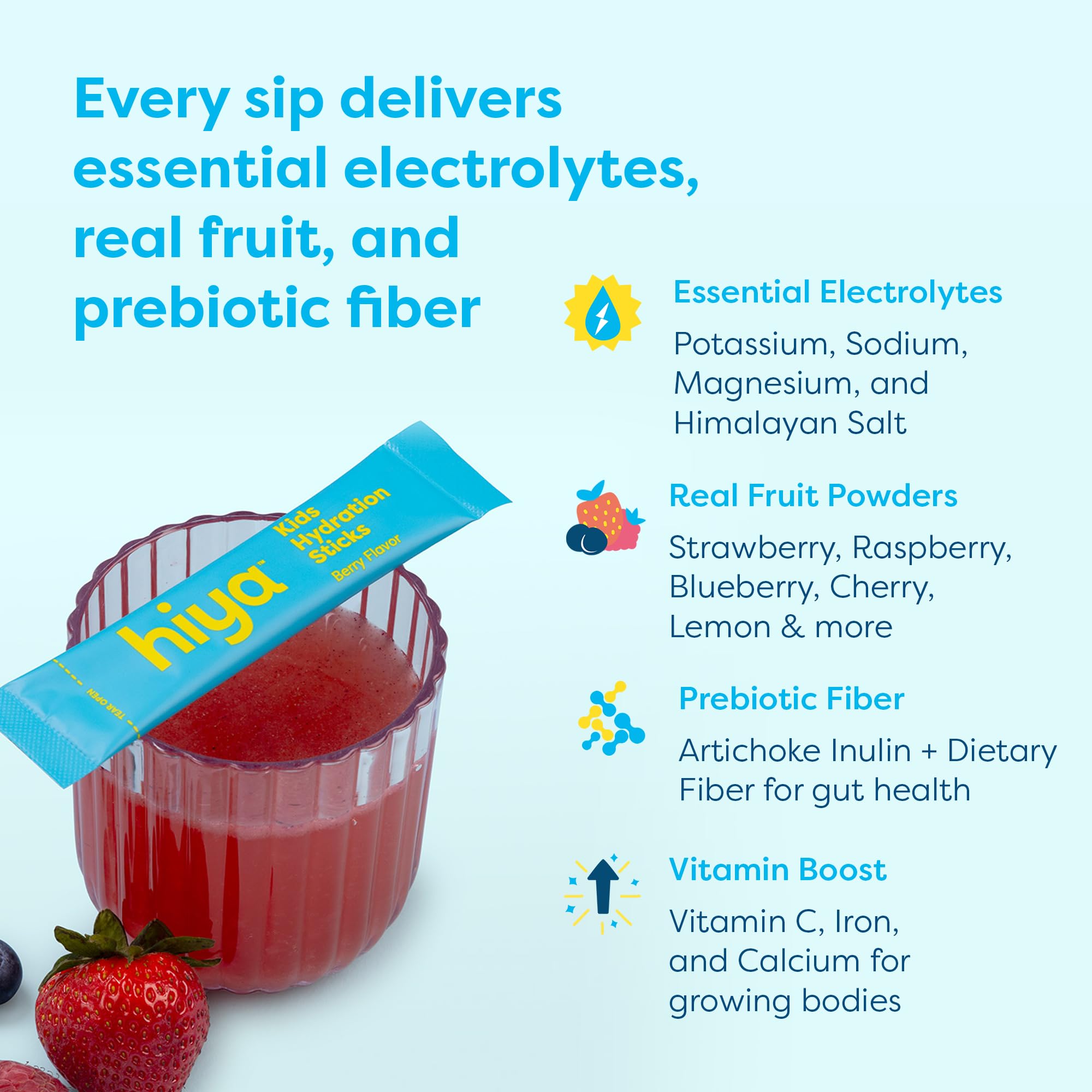 Hiya Kids Hydration with Electrolytes - Zero Added Sugar Berry Flavored Kids Hydration Packets - 15 Sticks - Travel-Friendly Drink Mix for Children Ages 2+ HIYA uk supplements